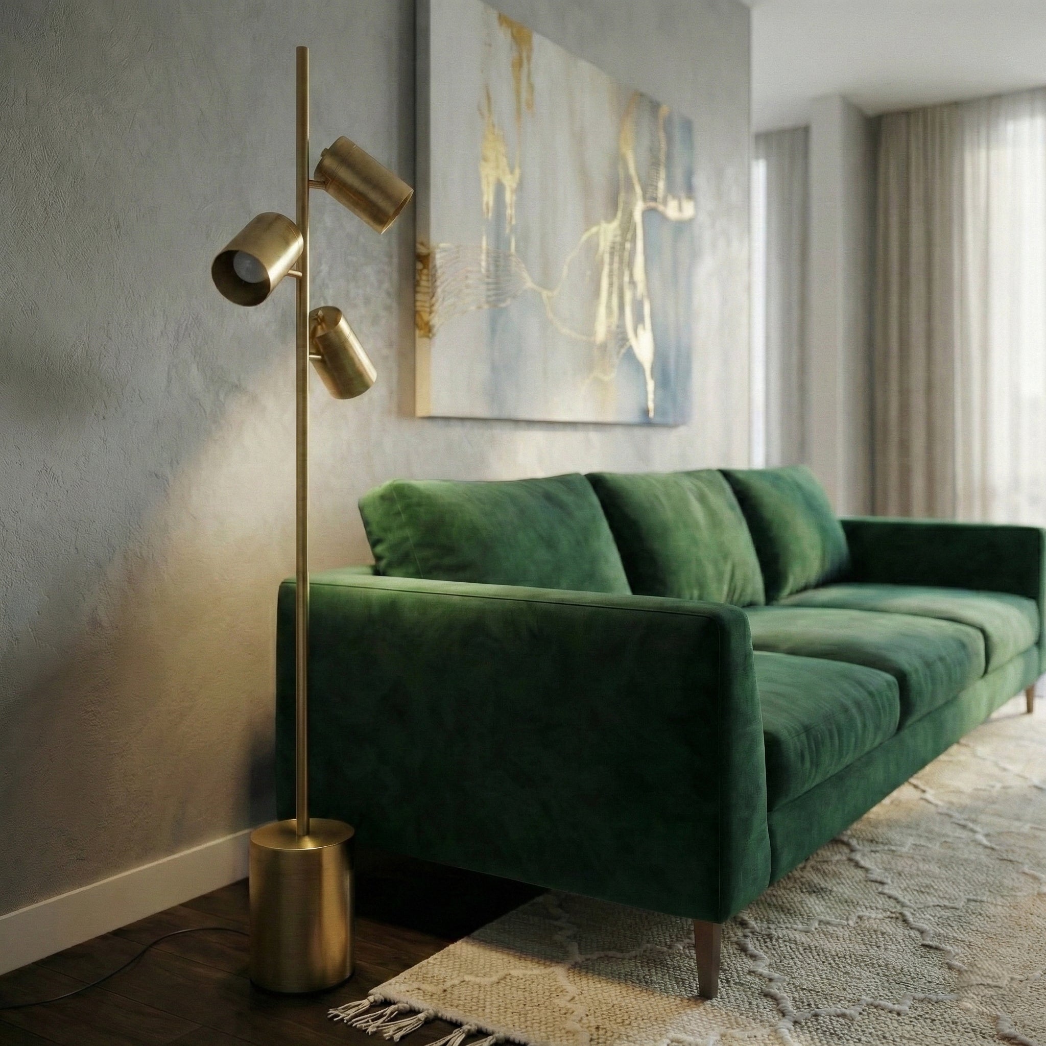 Harmony Brassed Gold Floor Lamp with Triple Spots and Rotary Switch | MidinMod