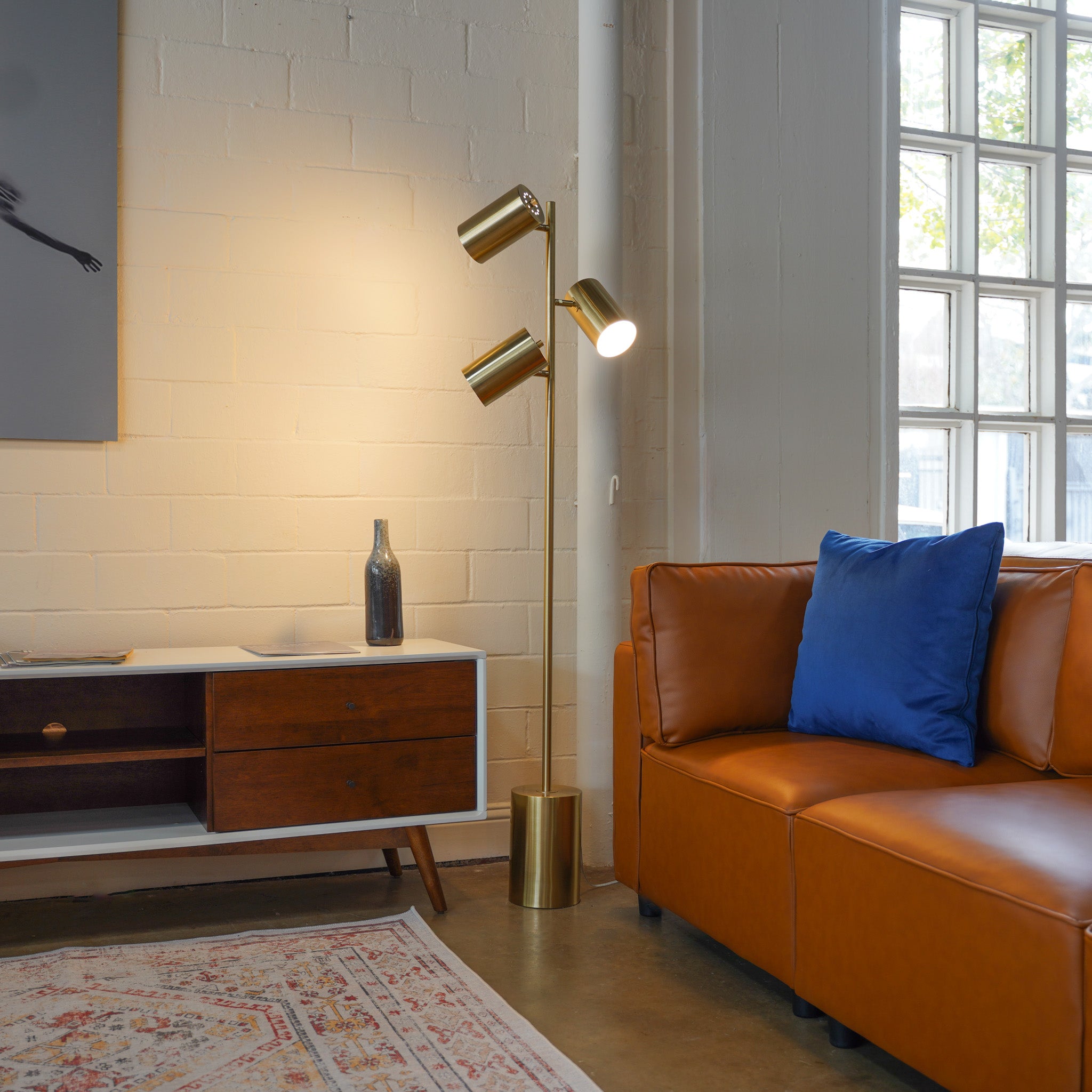 Harmony Brassed Gold Floor Lamp with Rotary Switch Triple Spots Metal Block Base