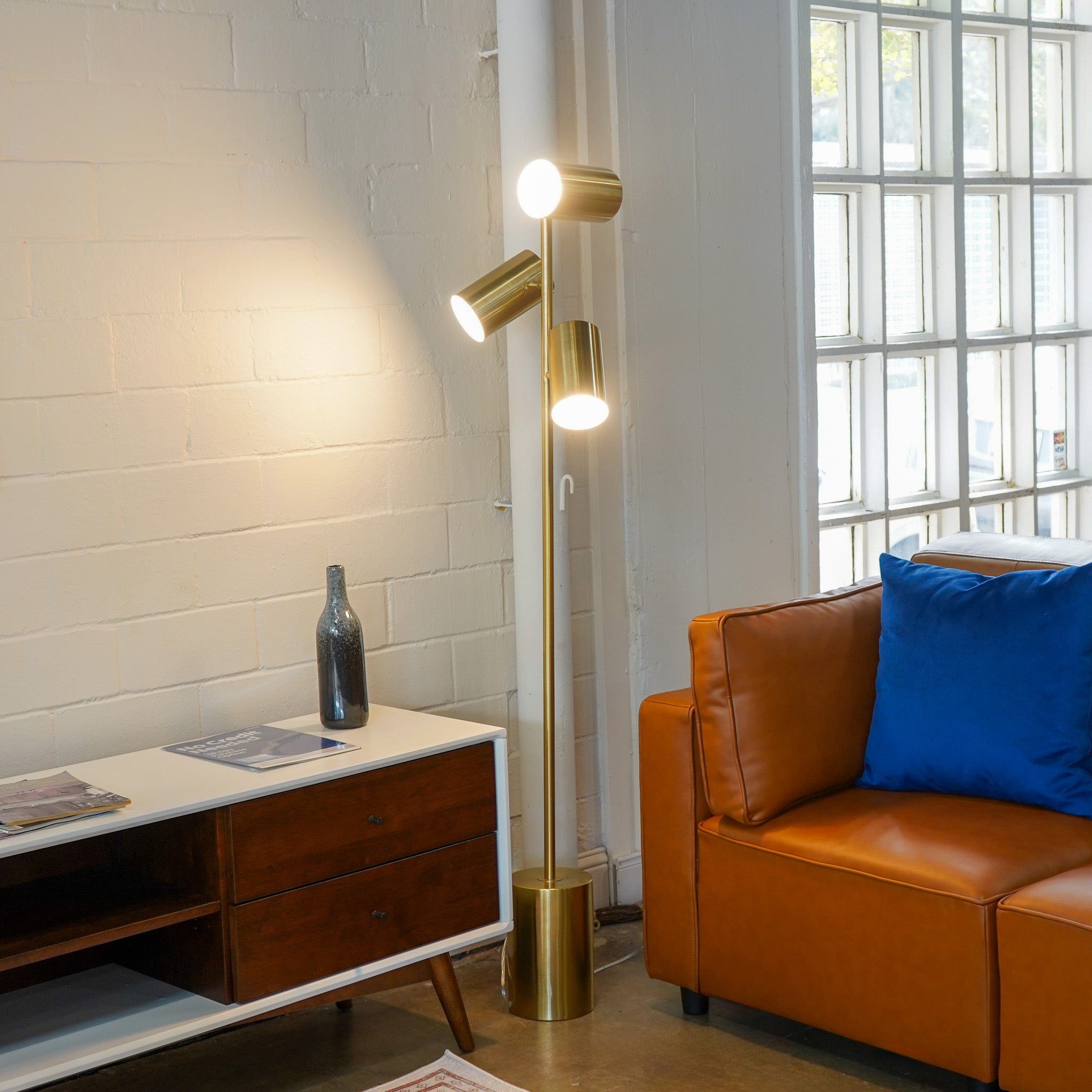 Harmony Brassed Gold Floor Lamp with Rotary Switch Triple Spots Metal Block Base