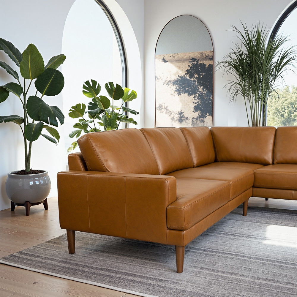 Harmony Tan Leather Sectional Sofa Right Facing Chaise - MidinMod