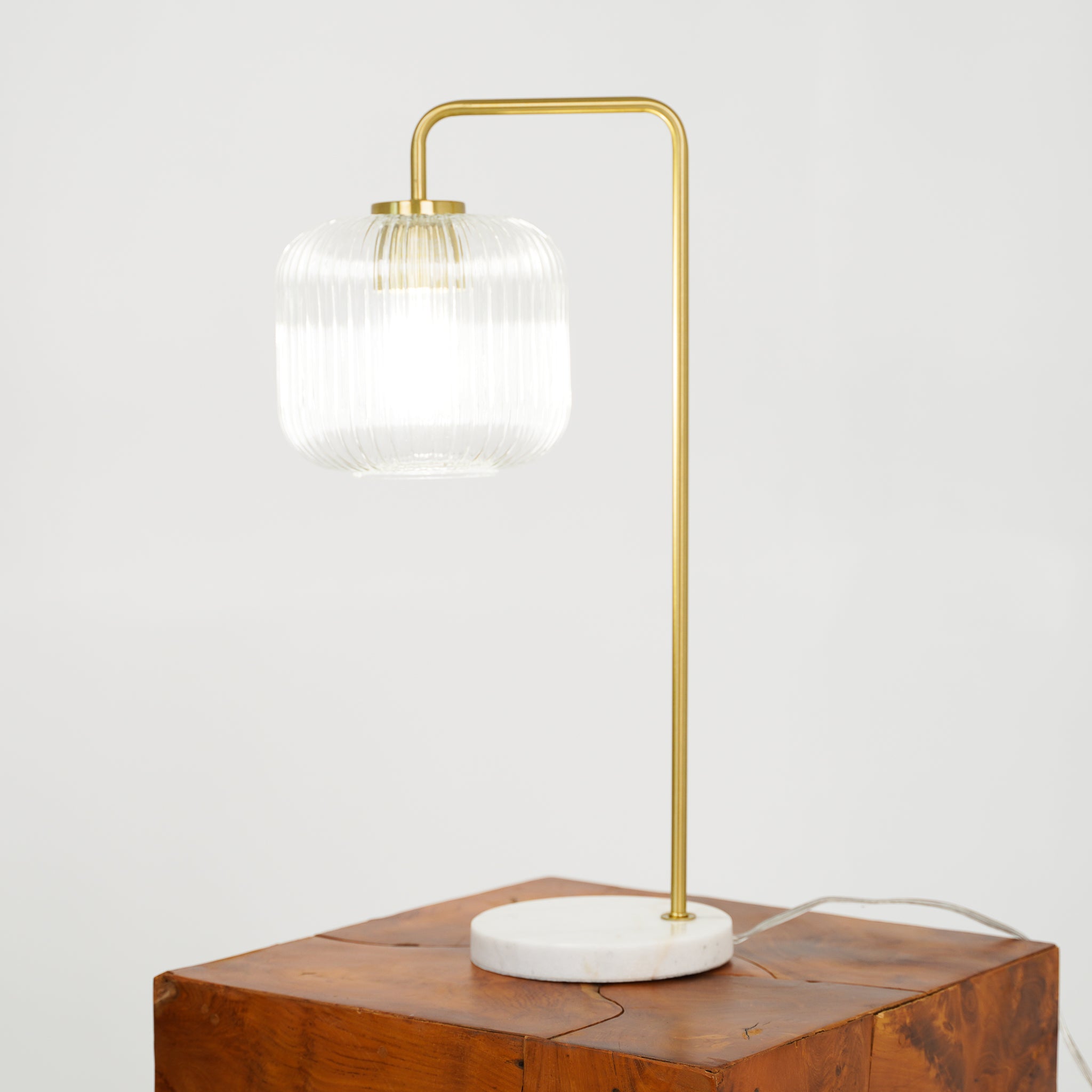 Haven Clear Glass Table Lamp, Gold Brush Metal and Marble Base, Button Control