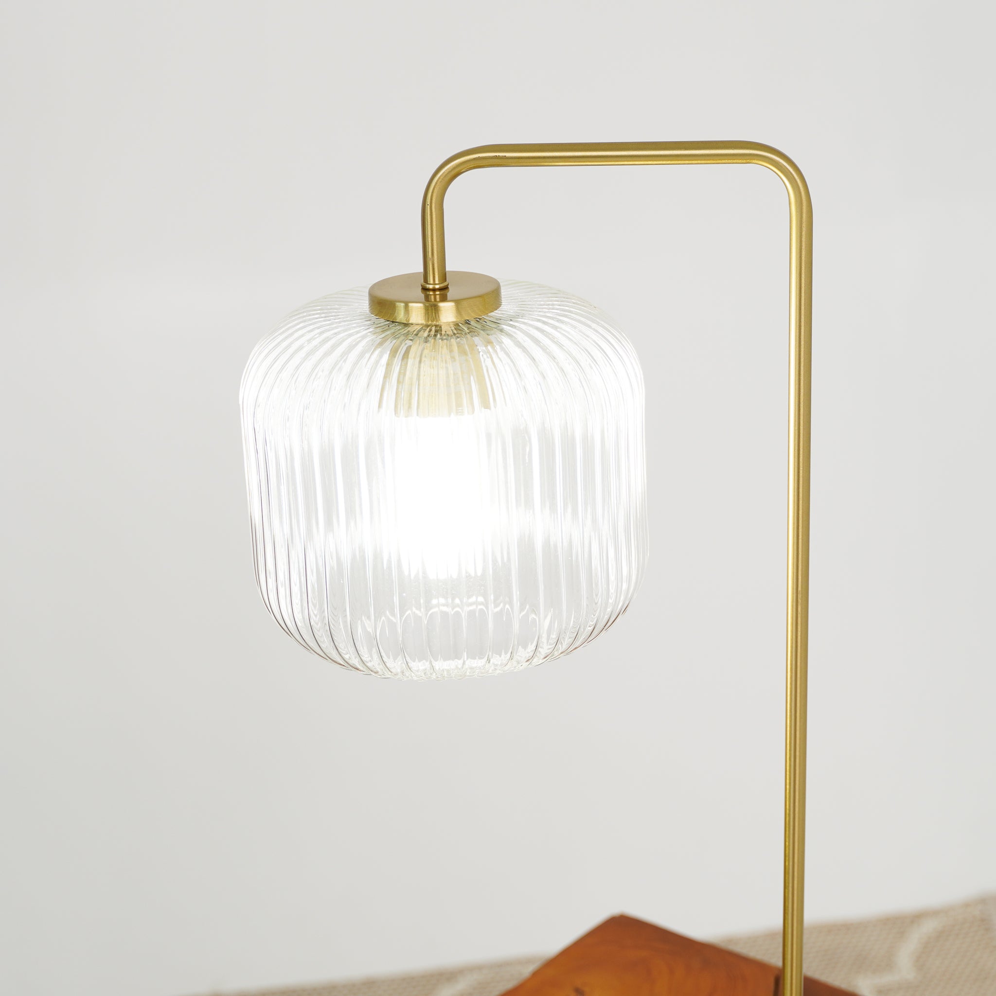 Haven Clear Glass Table Lamp, Gold Brush Metal and Marble Base, Button Control