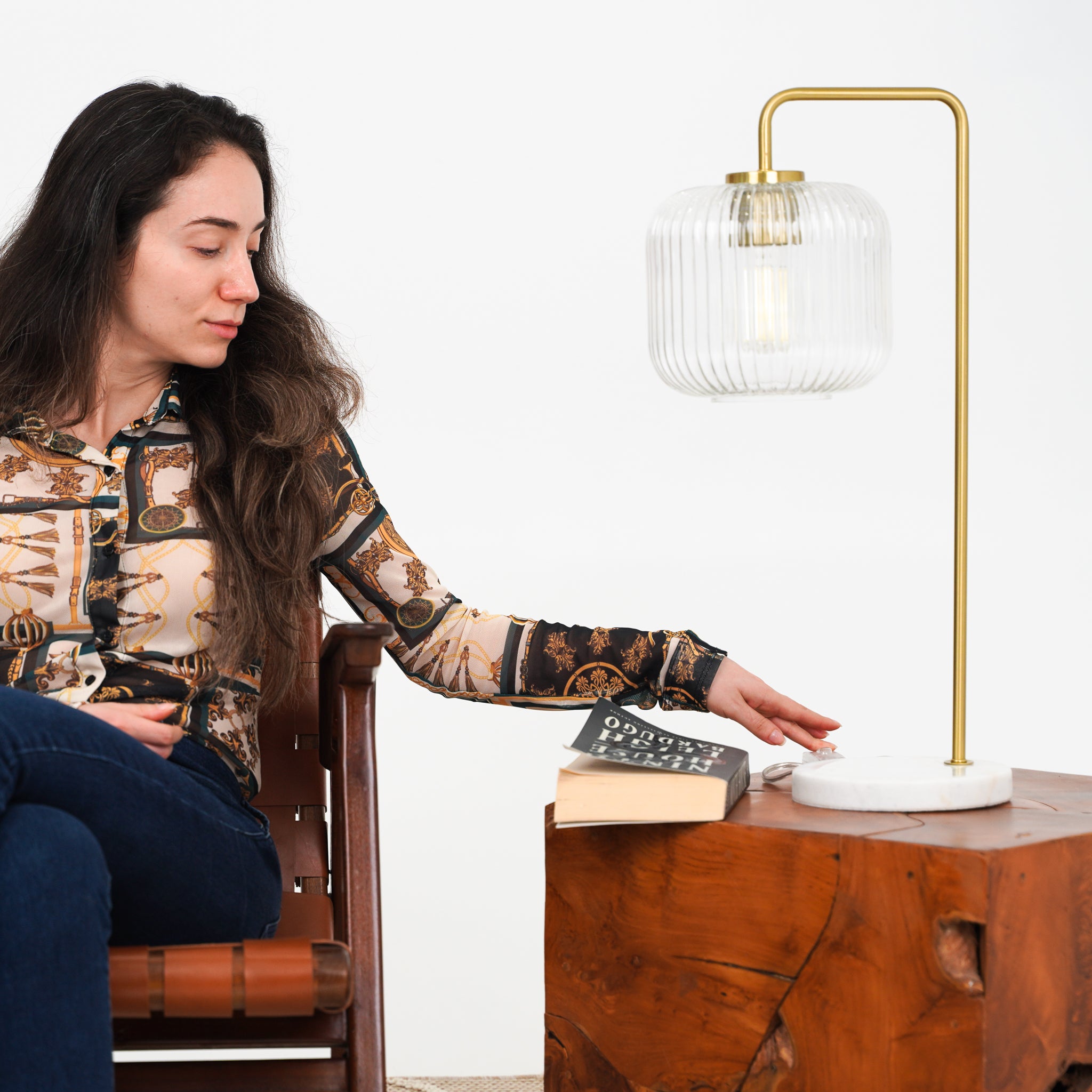 Haven Clear Glass Table Lamp, Gold Brush Metal and Marble Base, Button Control