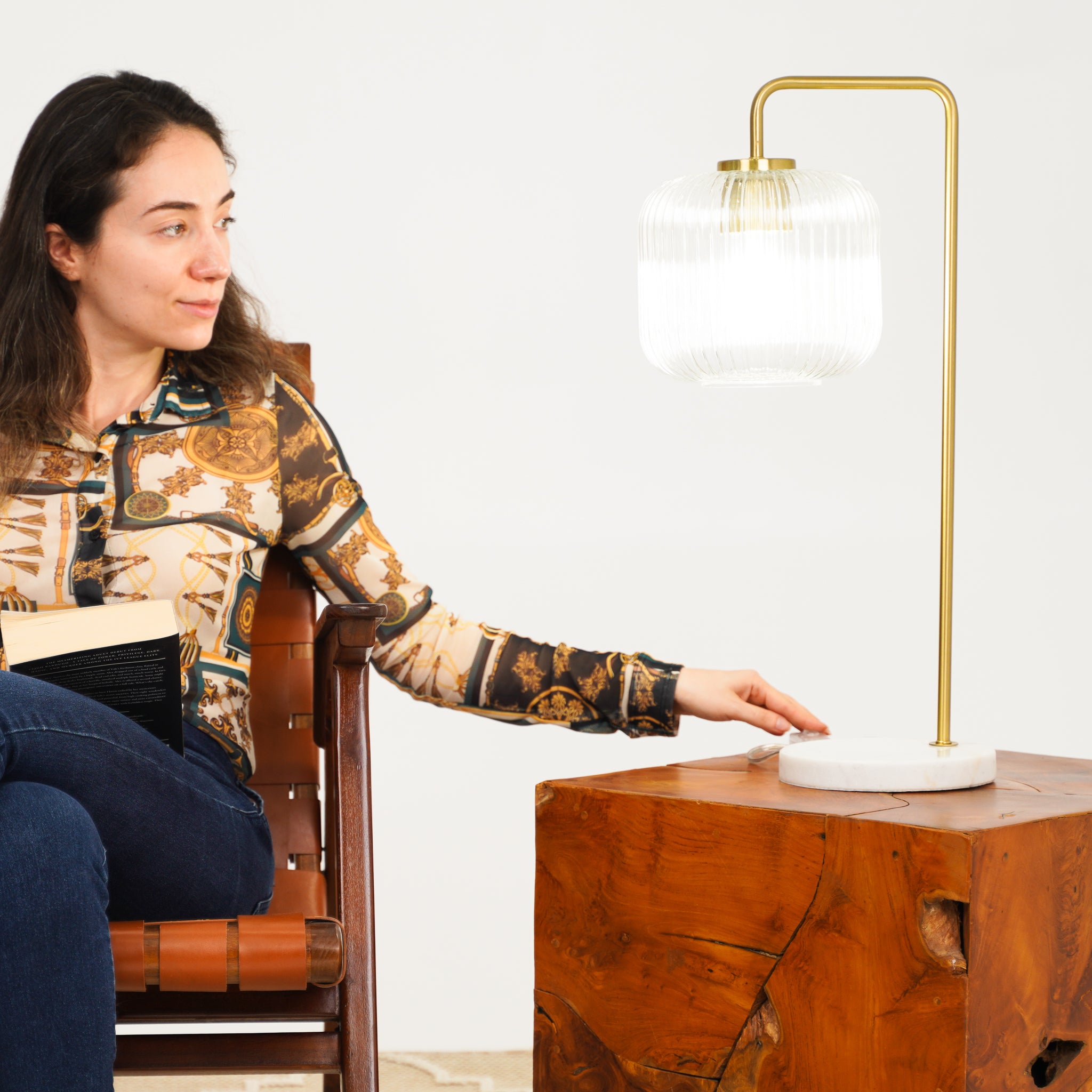 Haven Clear Glass Table Lamp, Gold Brush Metal and Marble Base, Button Control