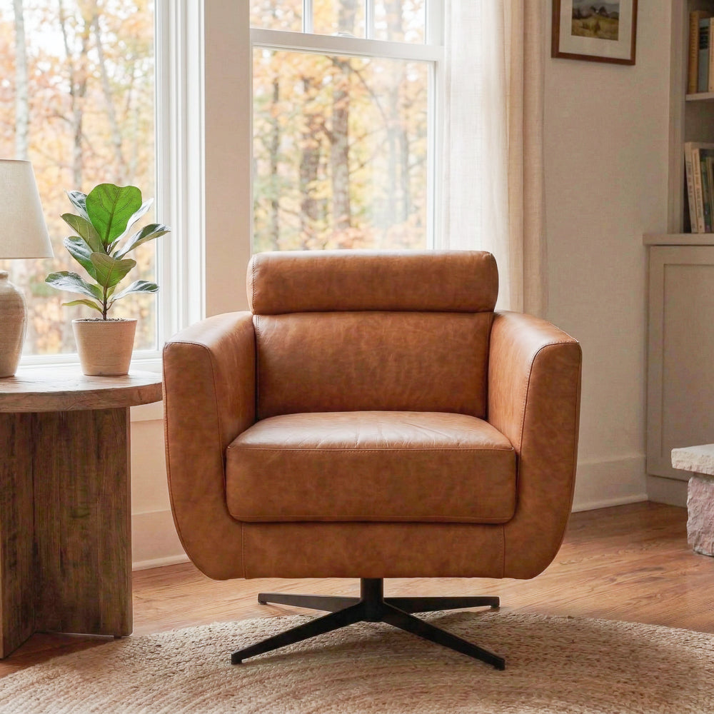 Herman Real Leather Swivel Chair with Adjustable Headrest and Vintage Style | MidinMod
