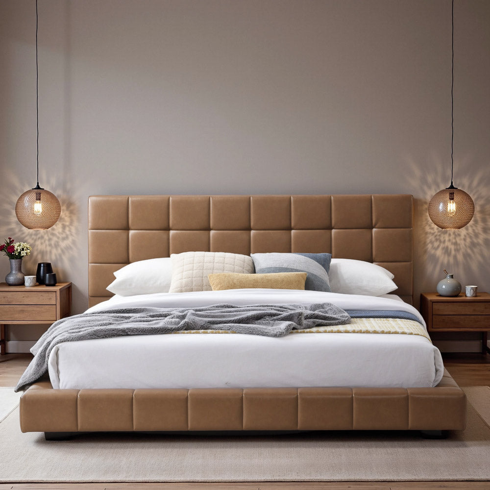 Hughes King Tan Vegan Leather Platform Bed - MidinMod