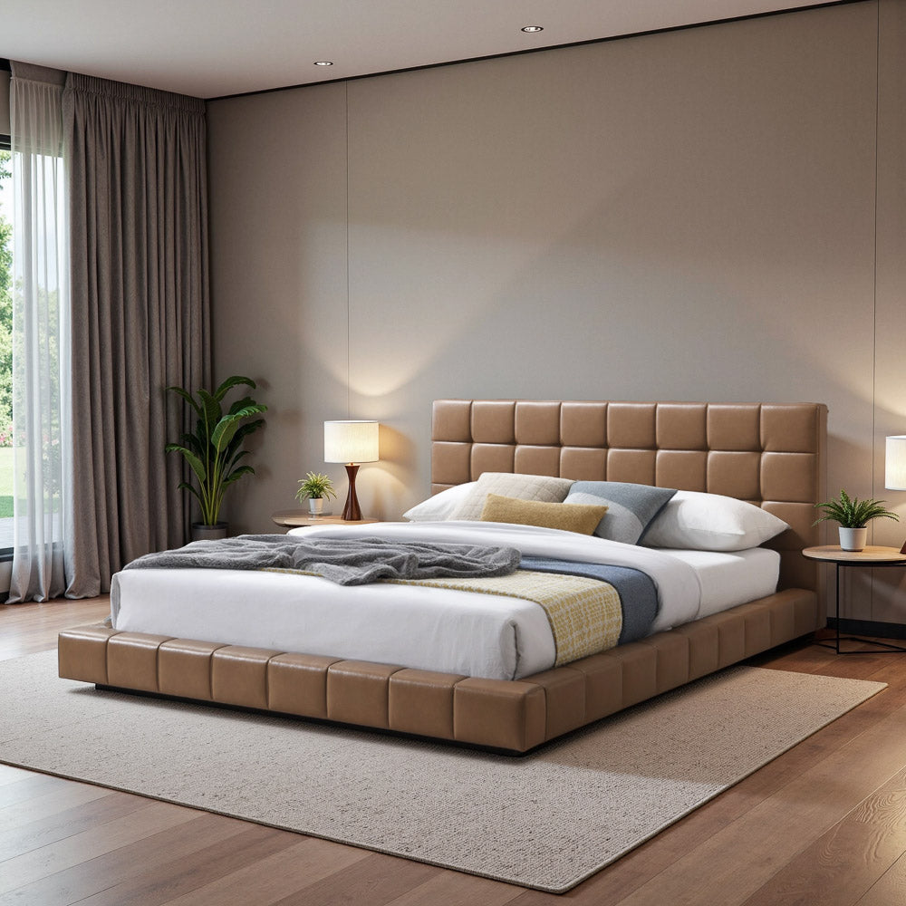 Hughes King Tan Vegan Leather Platform Bed - MidinMod