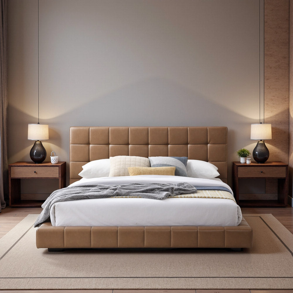 Hughes Queen Tan Vegan Leather Platform Bed - MidinMod
