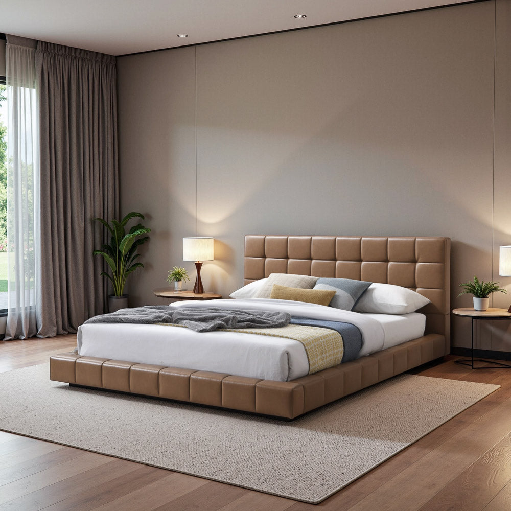 Hughes Queen Tan Vegan Leather Platform Bed - MidinMod