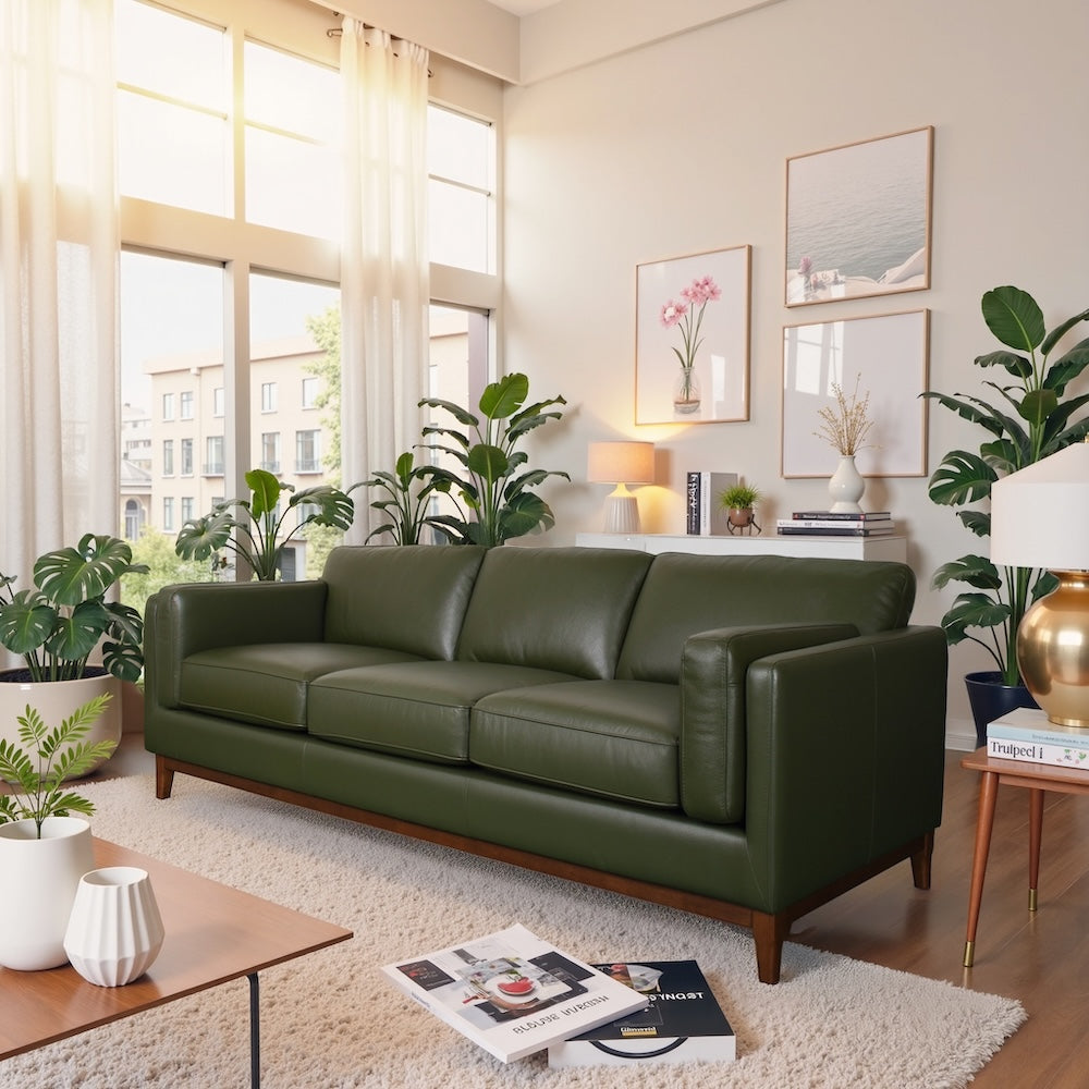 Kai Mid-Century Modern Top-Grain Green Leather Sofa - MidinMod