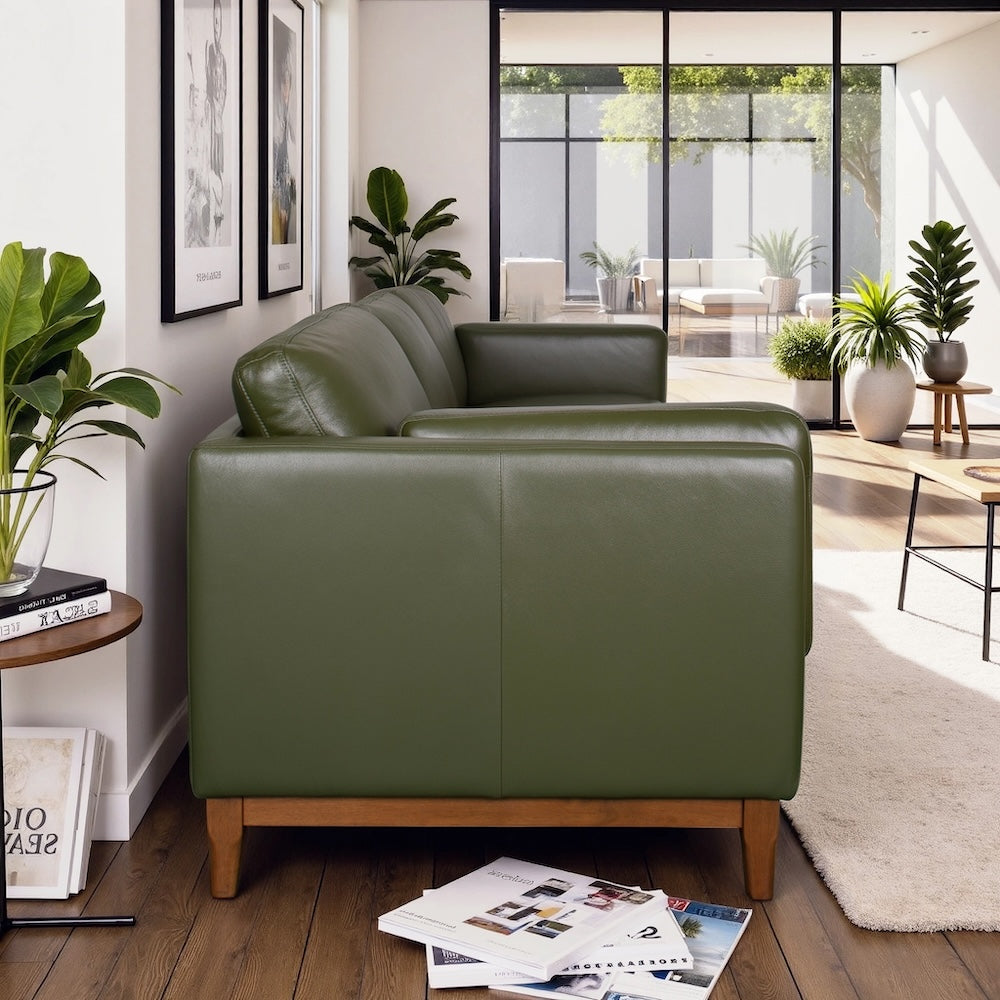 Kai Mid-Century Modern Top-Grain Green Leather Sofa - MidinMod