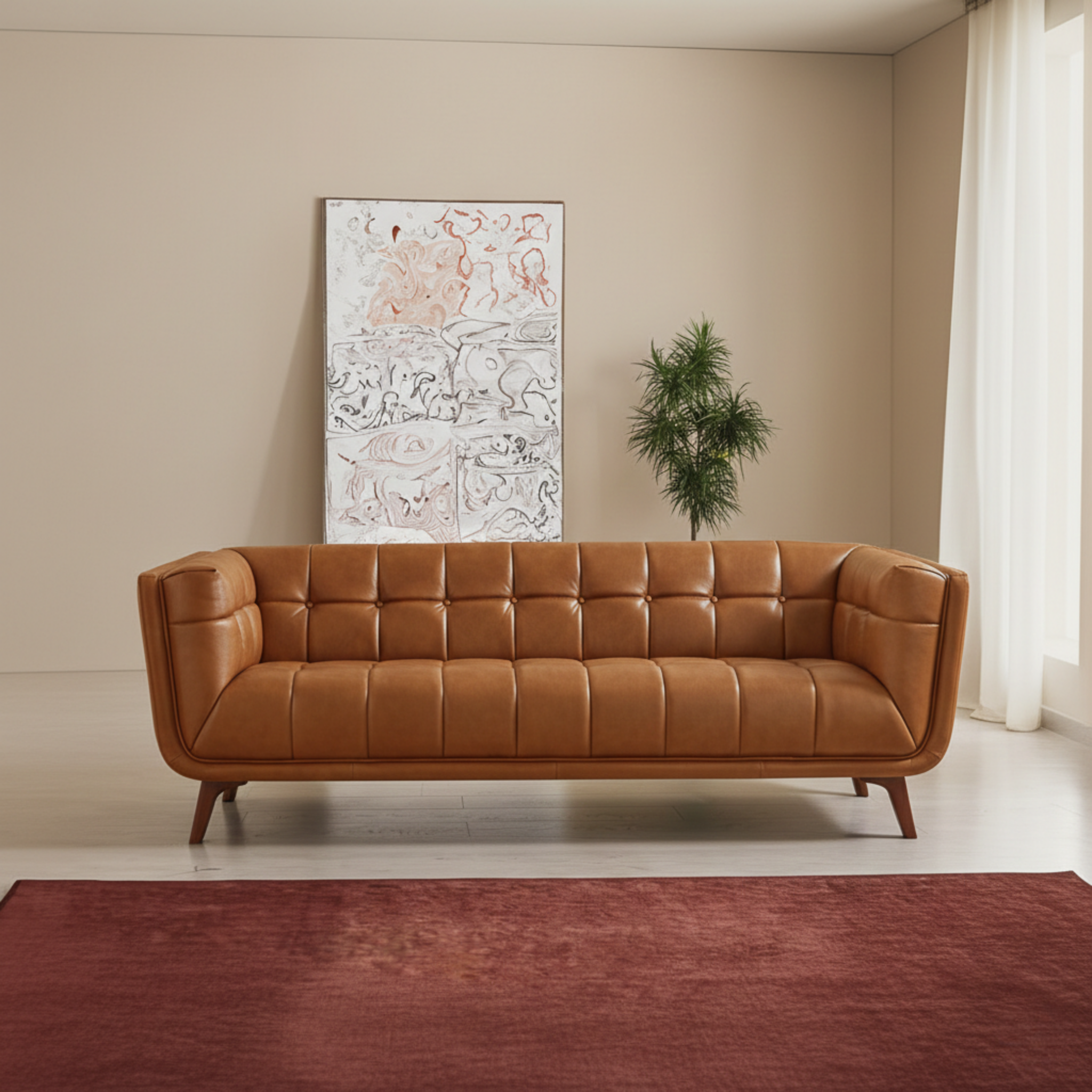 Kano Mid-Century Modern 86" Genuine Leather Sofa in Cognac | MidinMod