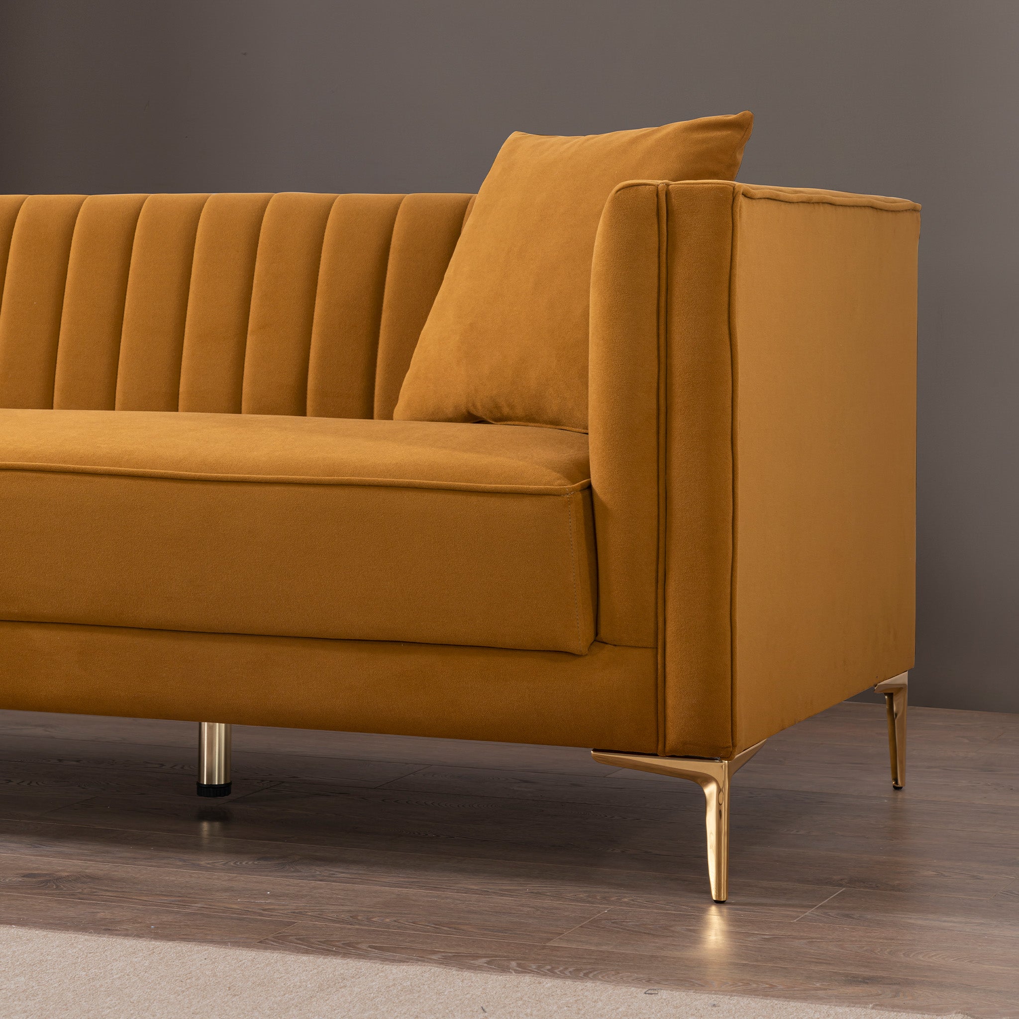 Kendra Velvet Sofa | Cognac Channel-Tufted & Gold Legs | MidinMod