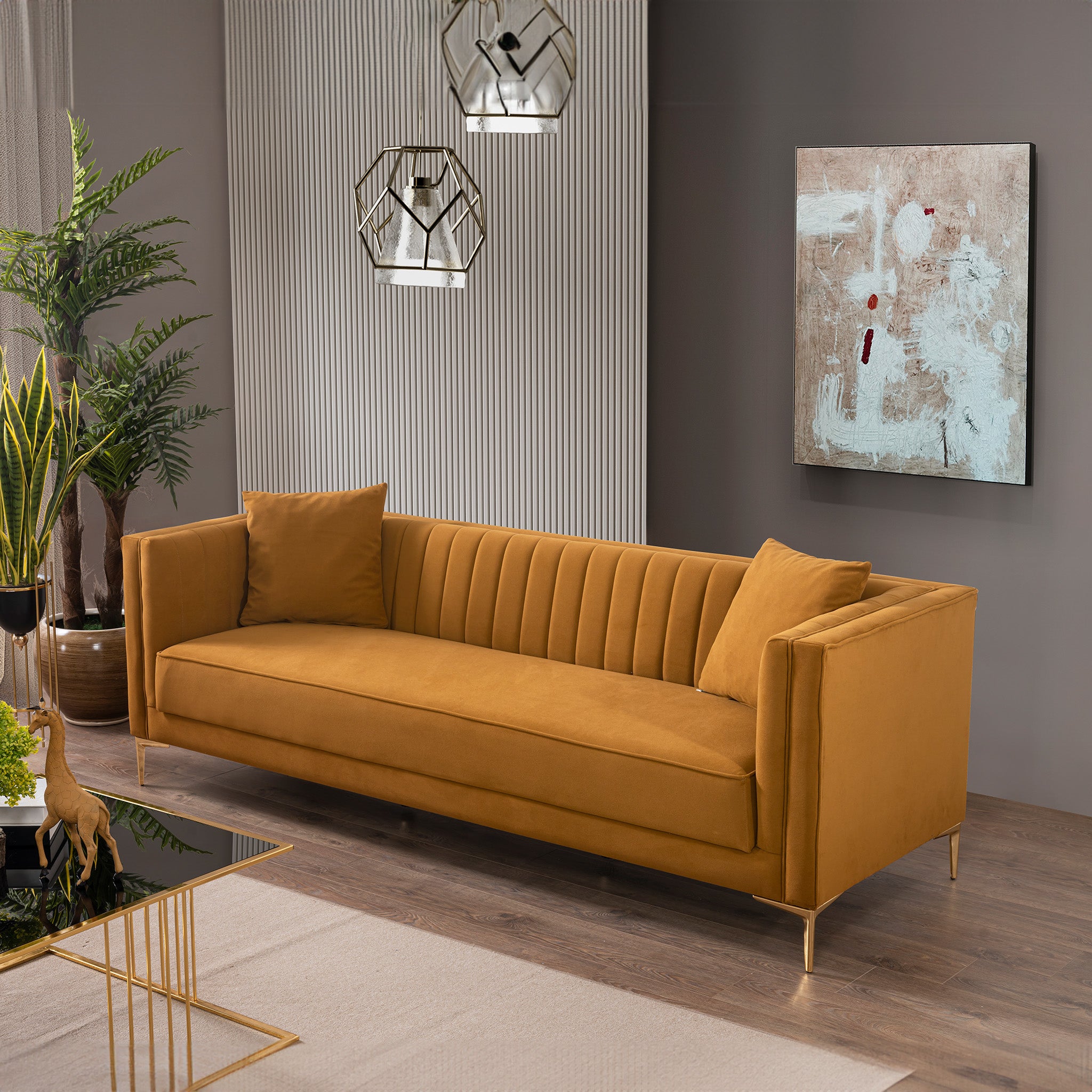 Kendra Velvet Sofa | Cognac Channel-Tufted & Gold Legs | MidinMod
