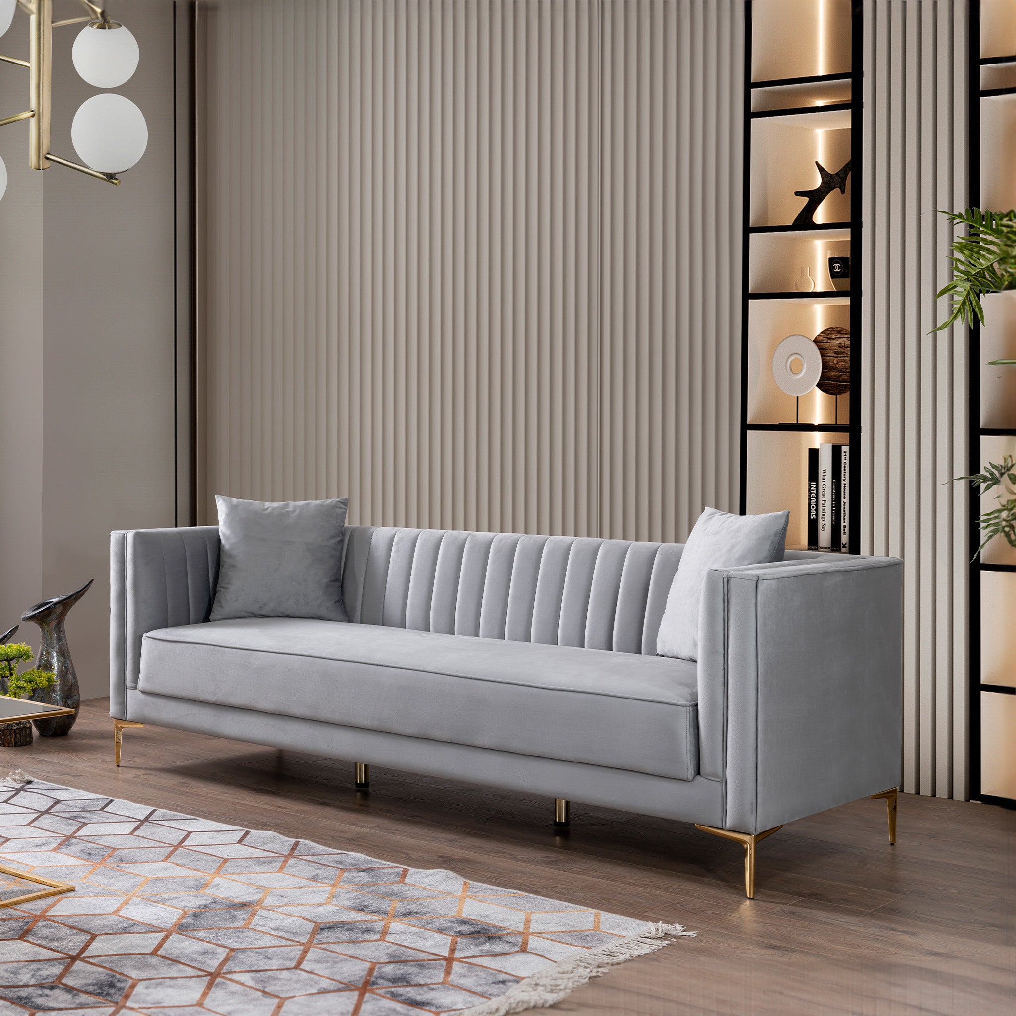Kendra Velvet Sofa | Light Grey Channel-Tufted & Gold Legs | MidinMod