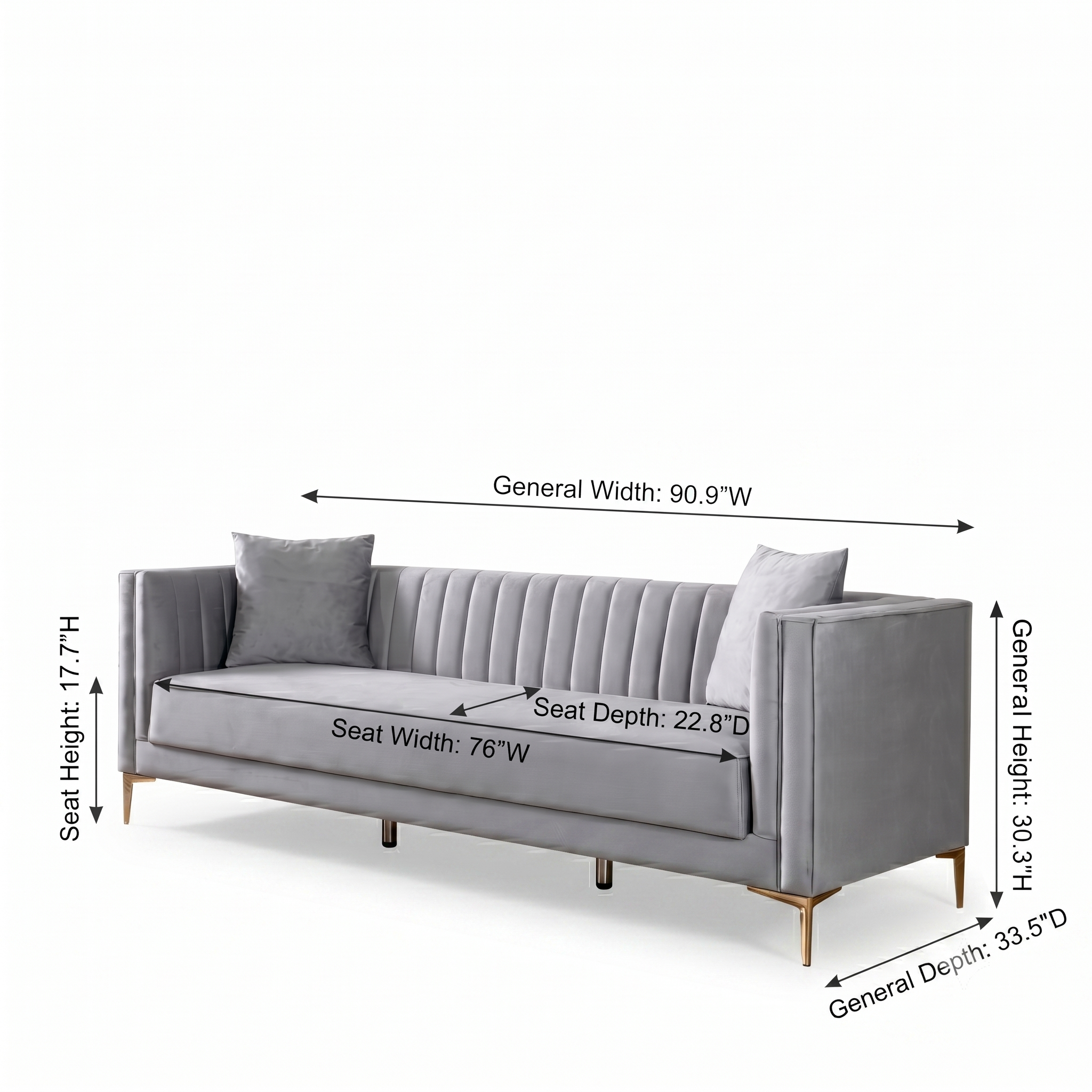 Kendra Velvet Sofa | Light Grey Channel-Tufted & Gold Legs | MidinMod