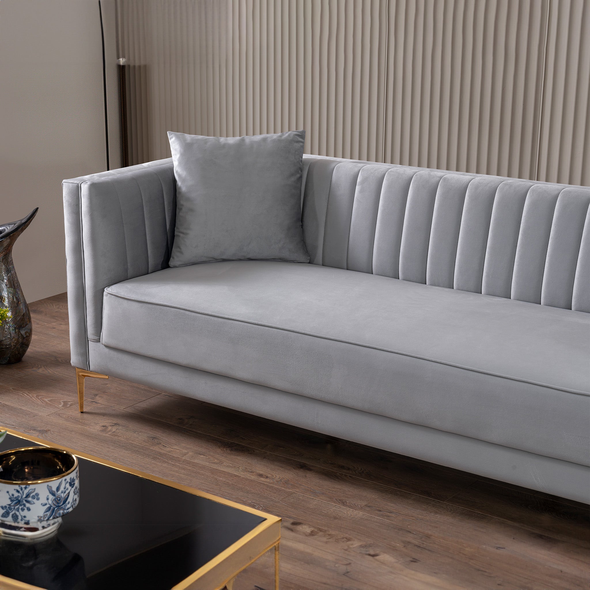 Kendra Velvet Sofa | Light Grey Channel-Tufted & Gold Legs | MidinMod