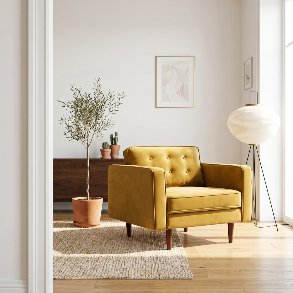 Kirby Gold Velvet Armchair | Mid-Century Modern Living Room Lounge Chair | MidinMod