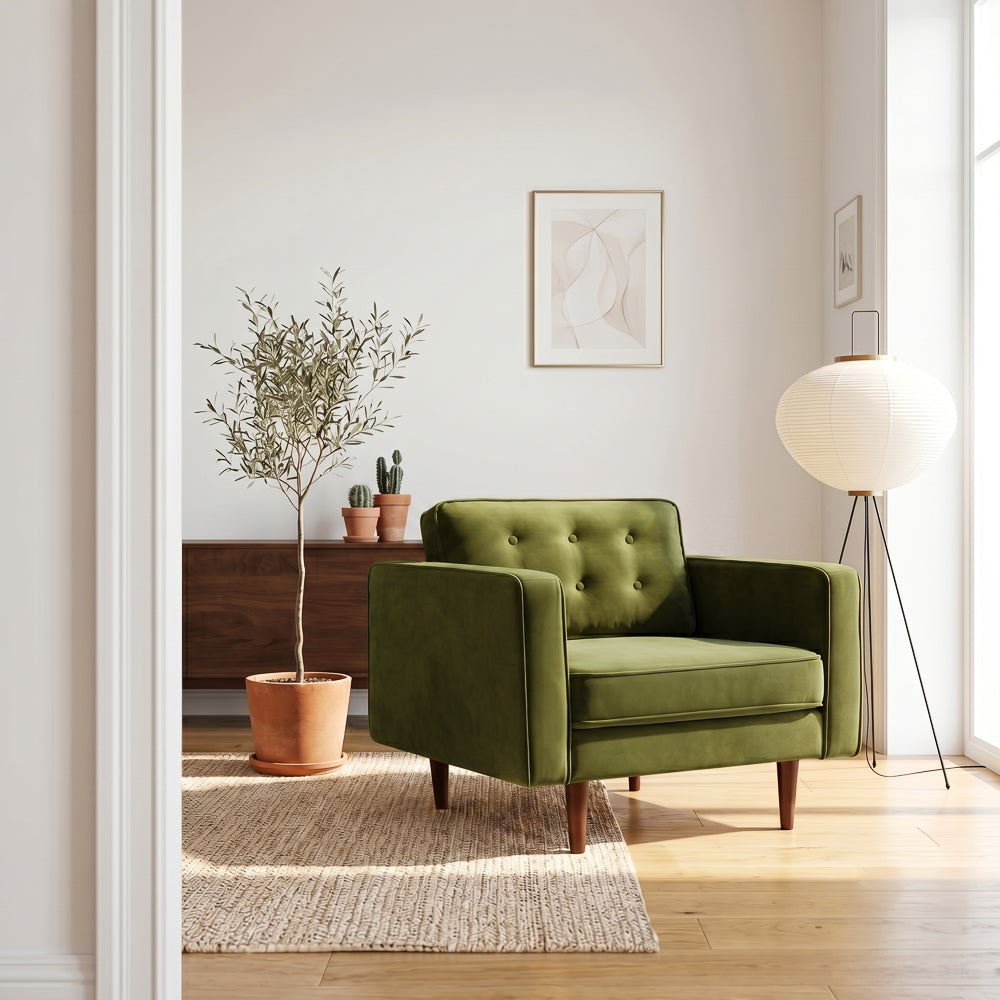 Kirby Olive Green Velvet Armchair | Mid-Century Modern Living Room Lounge Chair | MidinMod