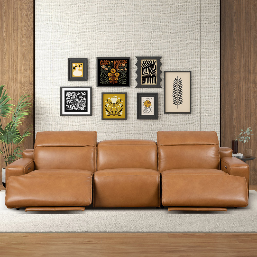 Lakewood Triple PWR Recliner Tan Leather Sofa - MidinMod