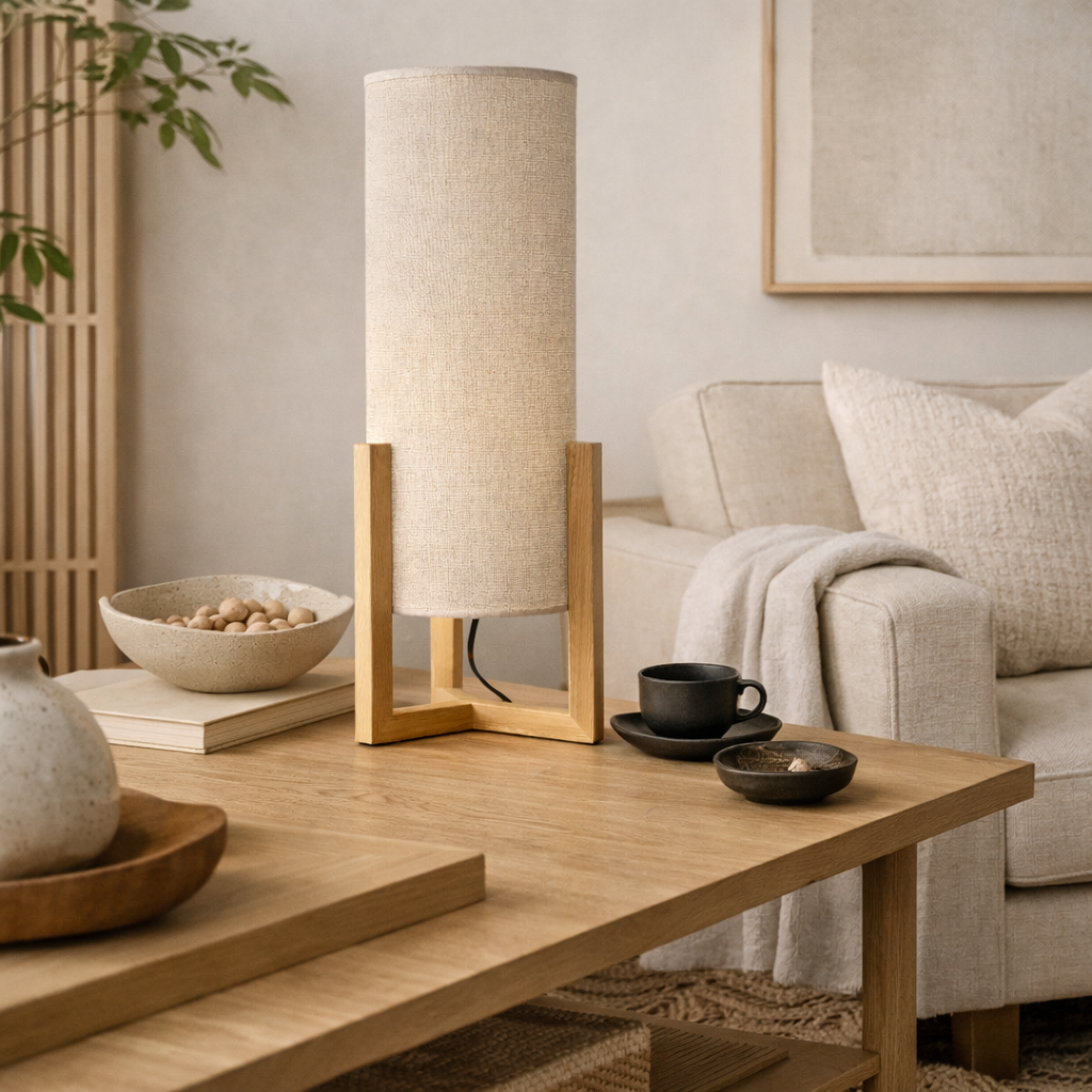 Lantern Natural Oak Rattan Cylinder Table Lamp | MidinMod