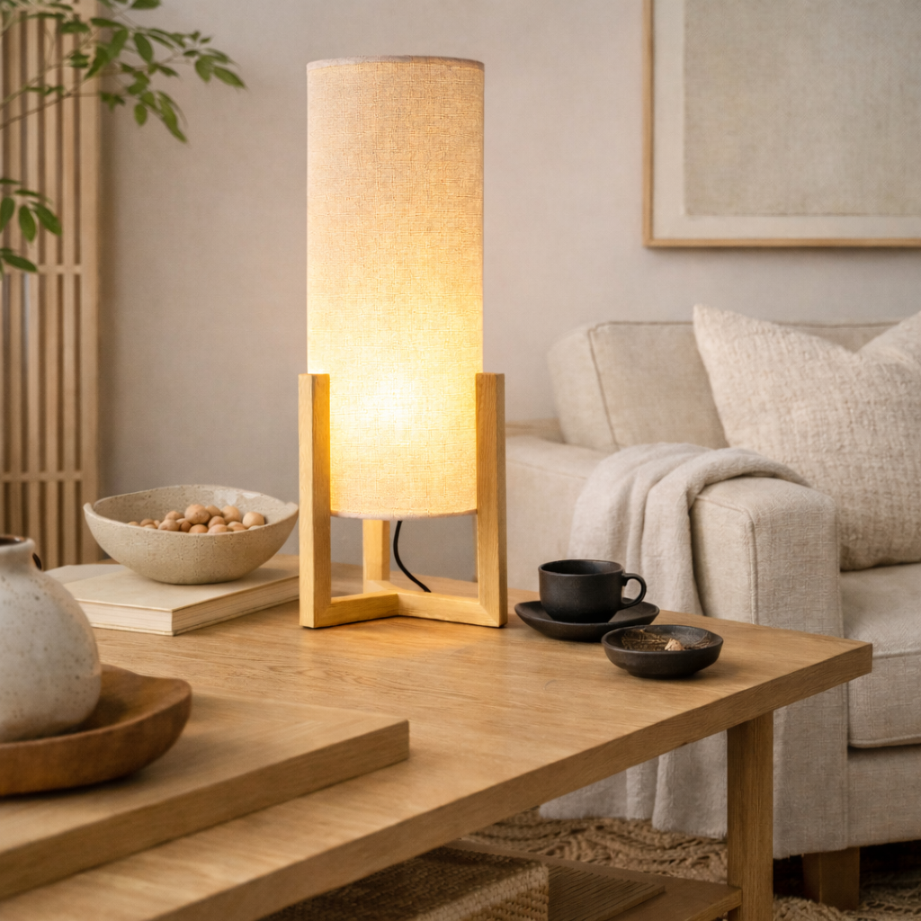 Lantern Natural Oak Rattan Cylinder Table Lamp | MidinMod