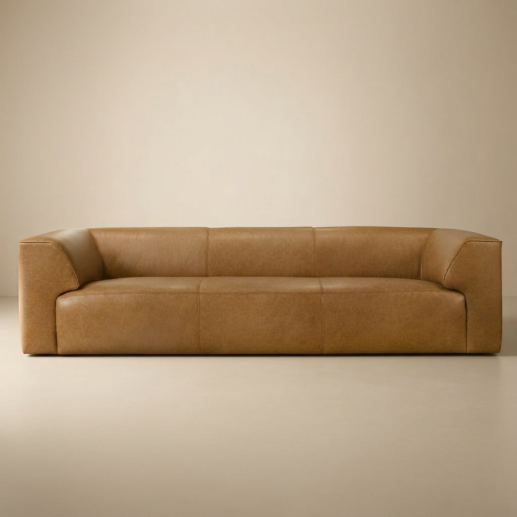 Leanne Three-Seater Genuine Leather Sofa with Curved Edges and Wide Armrests - MidinMod