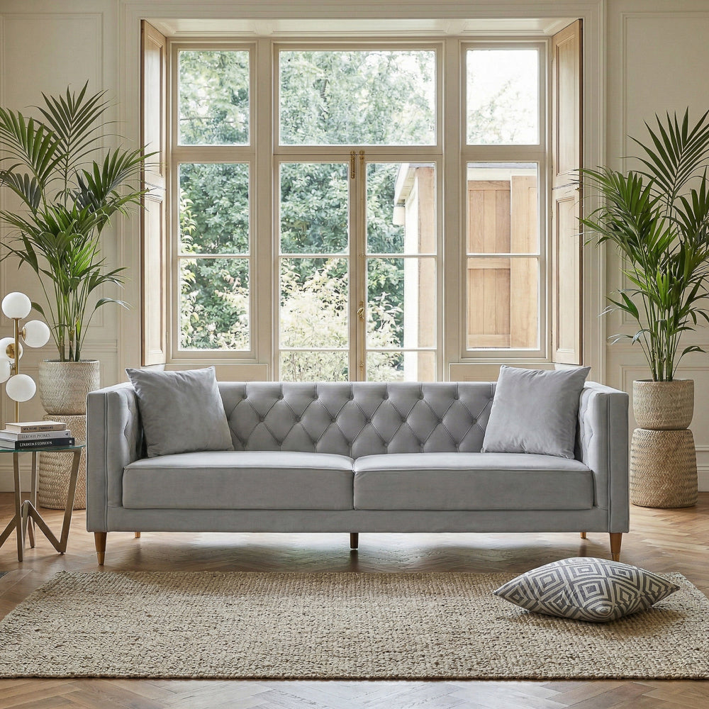 Lewis Velvet Sofa | Light Gray Tufted & Gold-Capped Legs | MidinMod