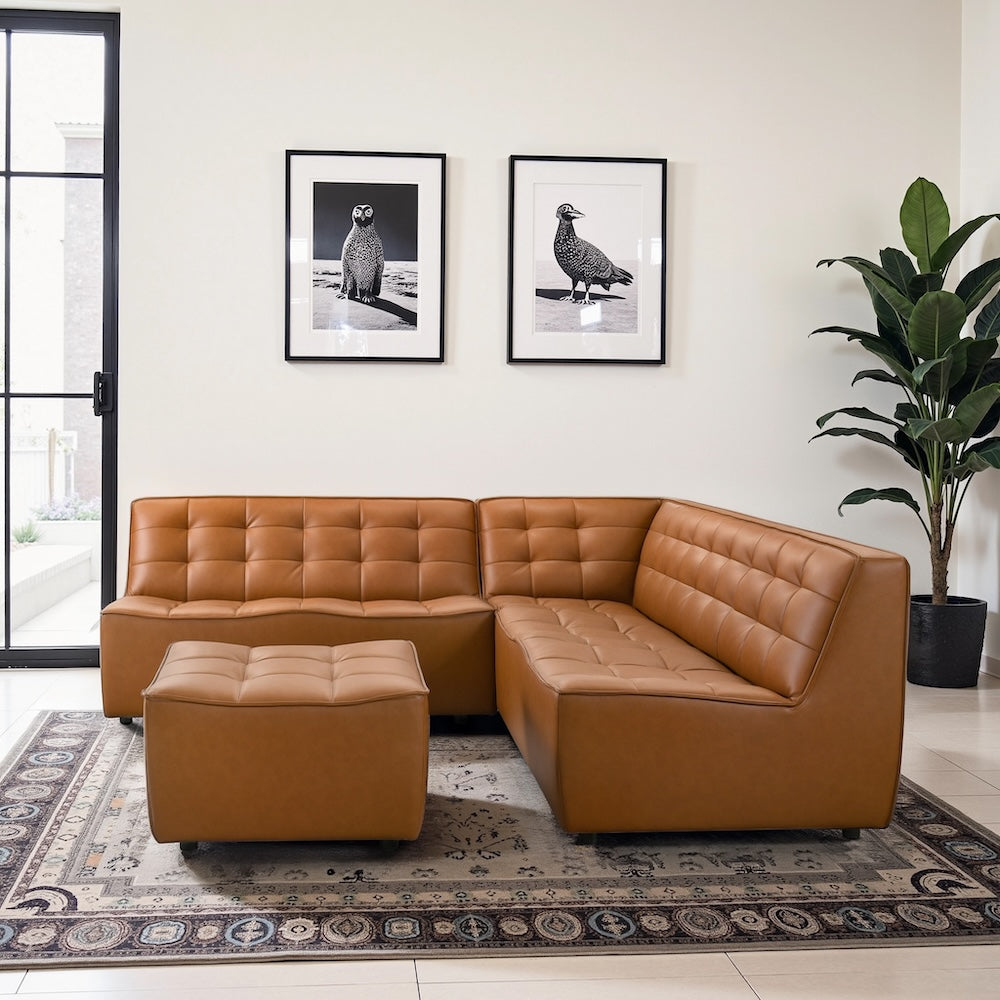 Linden Cognac Vegan Leather Corner Sectional Sofa - MidinMod