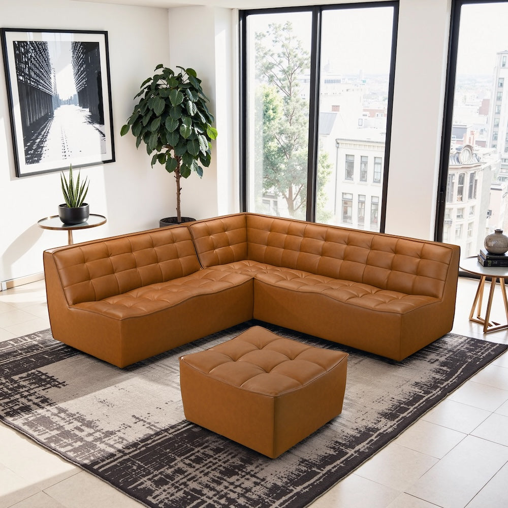Linden Cognac Vegan Leather Corner Sectional Sofa - MidinMod