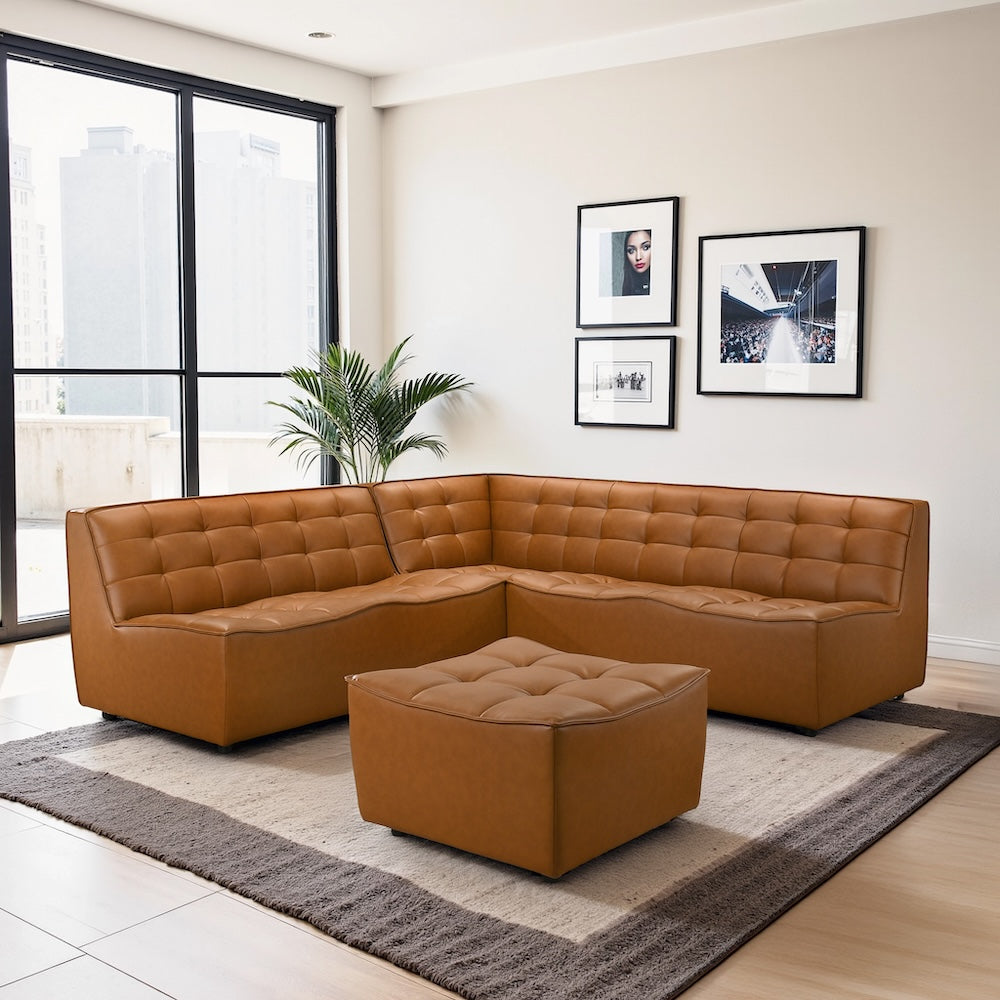 Linden Cognac Vegan Leather Corner Sectional Sofa - MidinMod