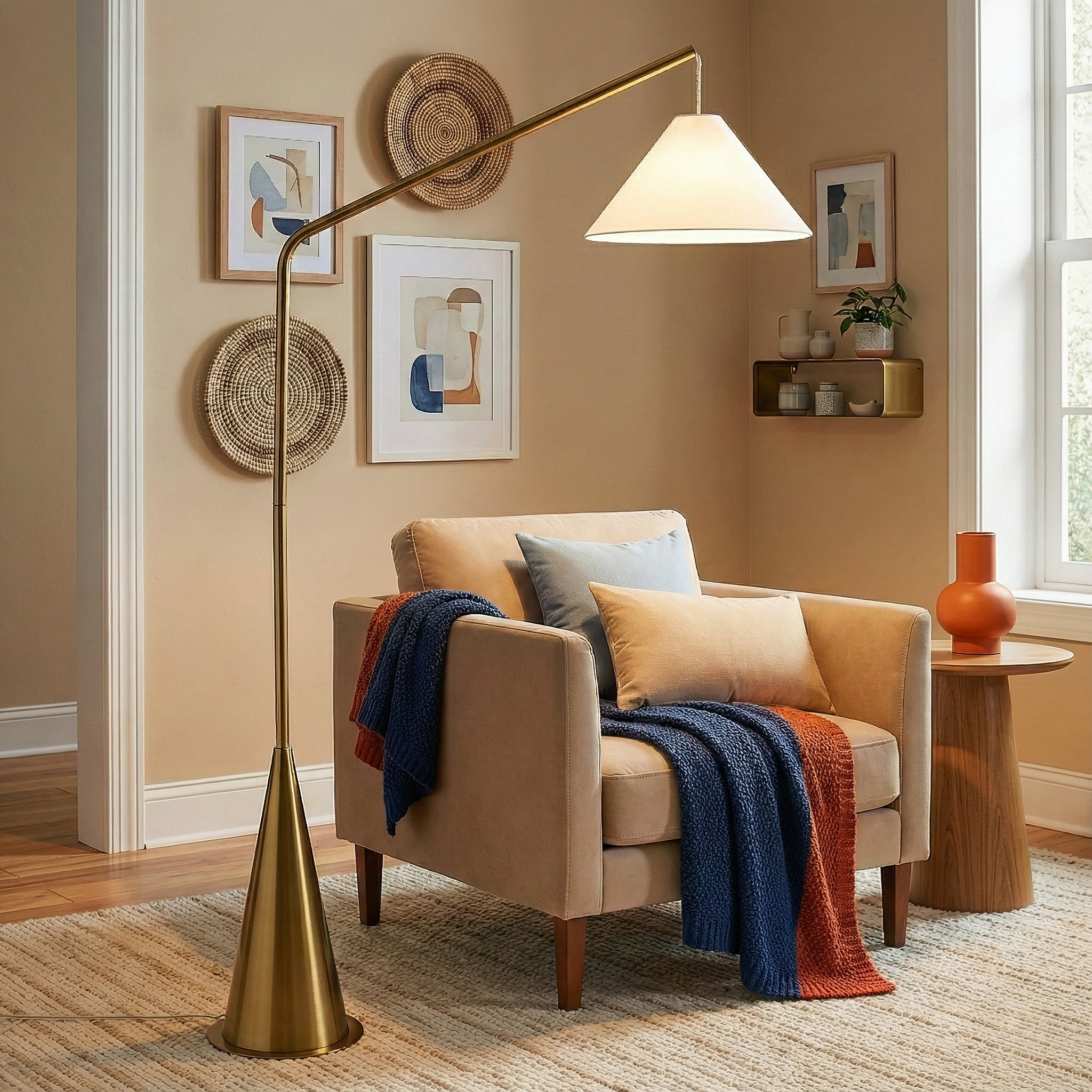Lisbon Modern Floor Lamp with Hanging White Fabric Shade and Coned Base | MidinMod