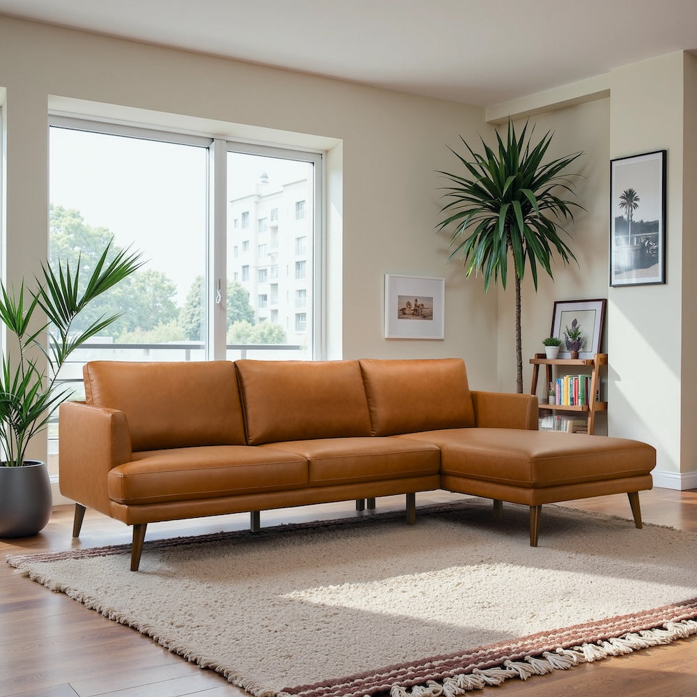 Lorena Right-Facing Cognac Vegan Leather Sectional Sofa - MidinMod