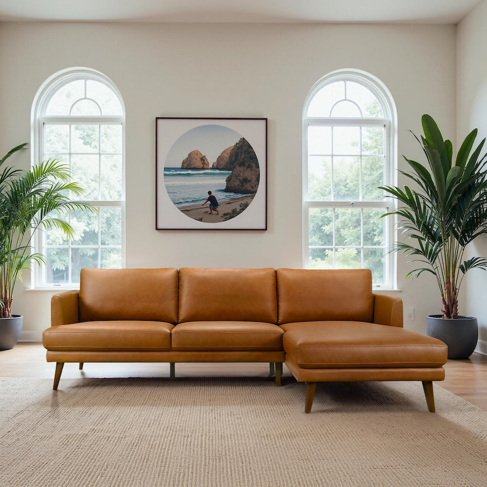 Lorena Right-Facing Cognac Vegan Leather Sectional Sofa - MidinMod