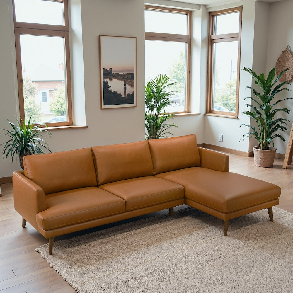 Lorena Right-Facing Cognac Vegan Leather Sectional Sofa - MidinMod