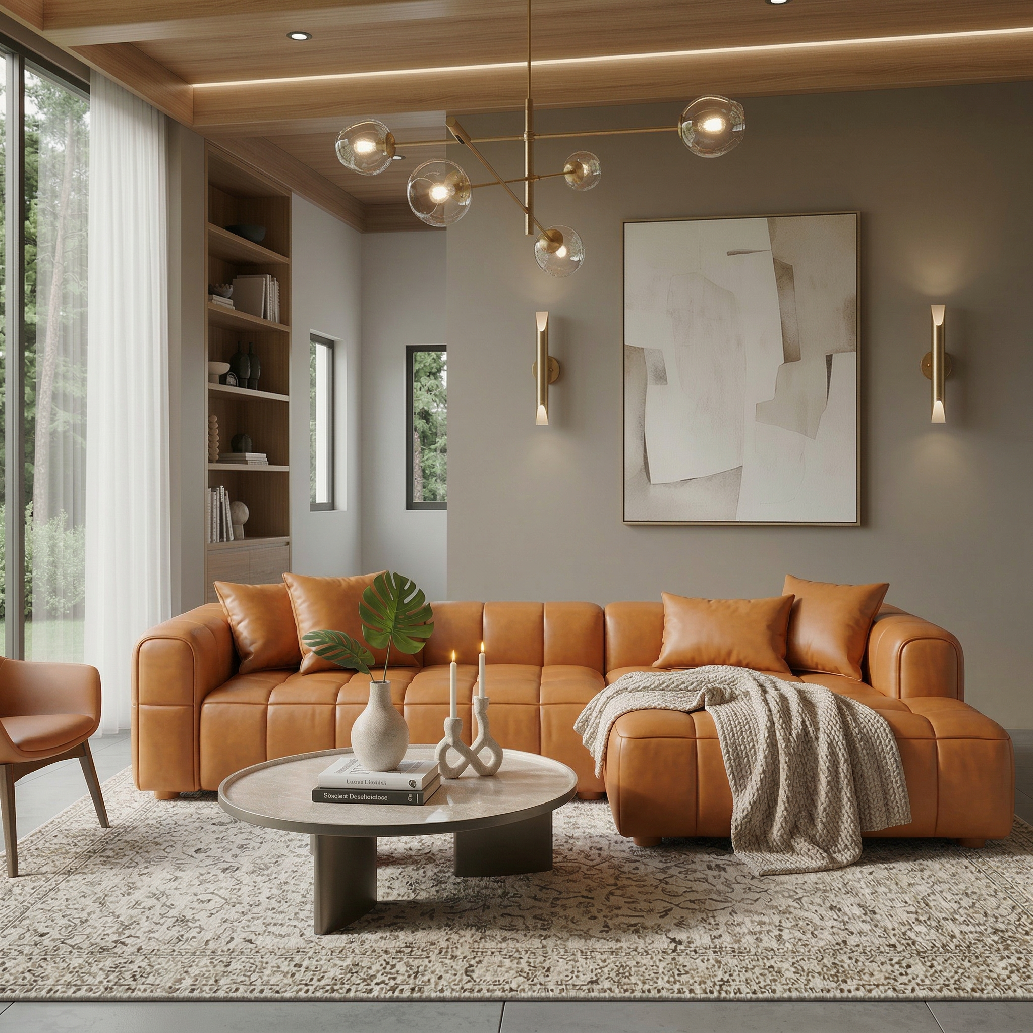 Luca Mid-Century Modern Right-Facing Sectional Sofa in Cognac Composite Leather | MidinMod