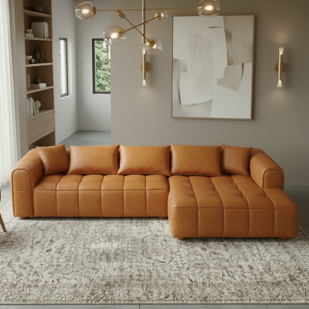 Luca Mid-Century Modern Right-Facing Sectional Sofa in Cognac Composite Leather | MidinMod
