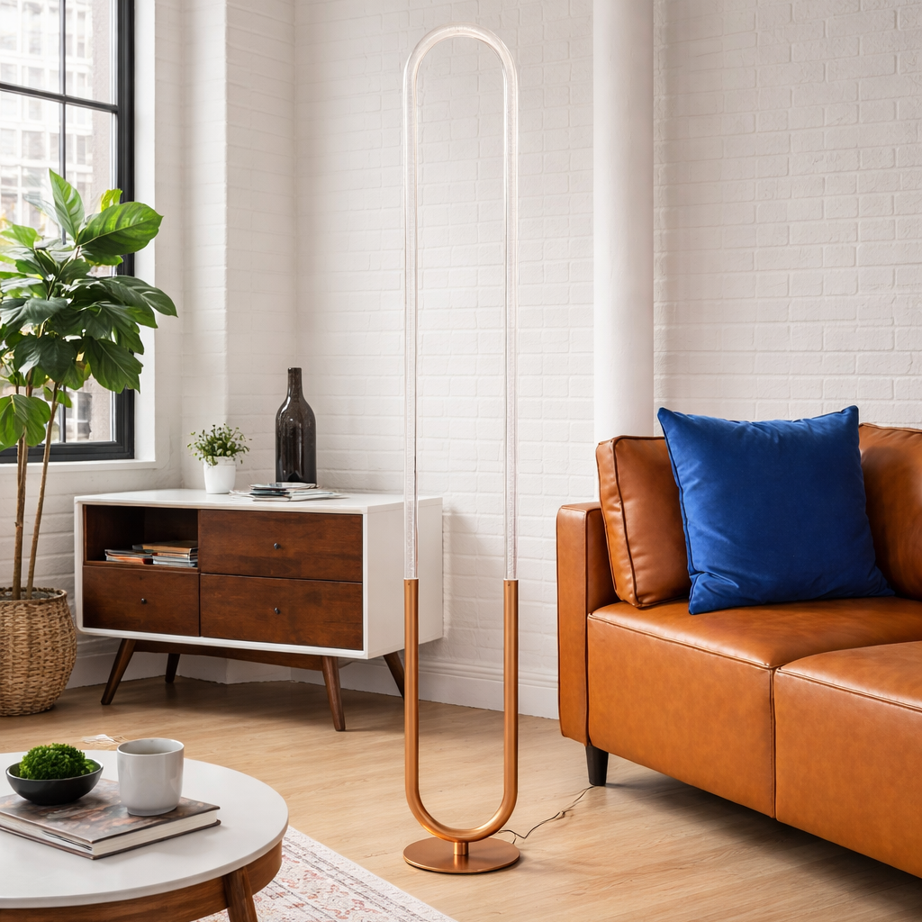 Lucent Arched LED Floor Lamp in Coarse Gold and Clear Acrylic | MidinMod