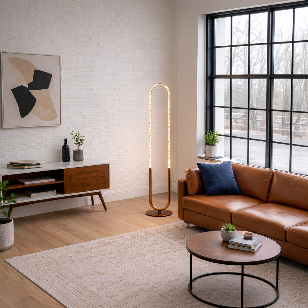 Lucent Arched LED Floor Lamp in Coarse Gold and Clear Acrylic | MidinMod