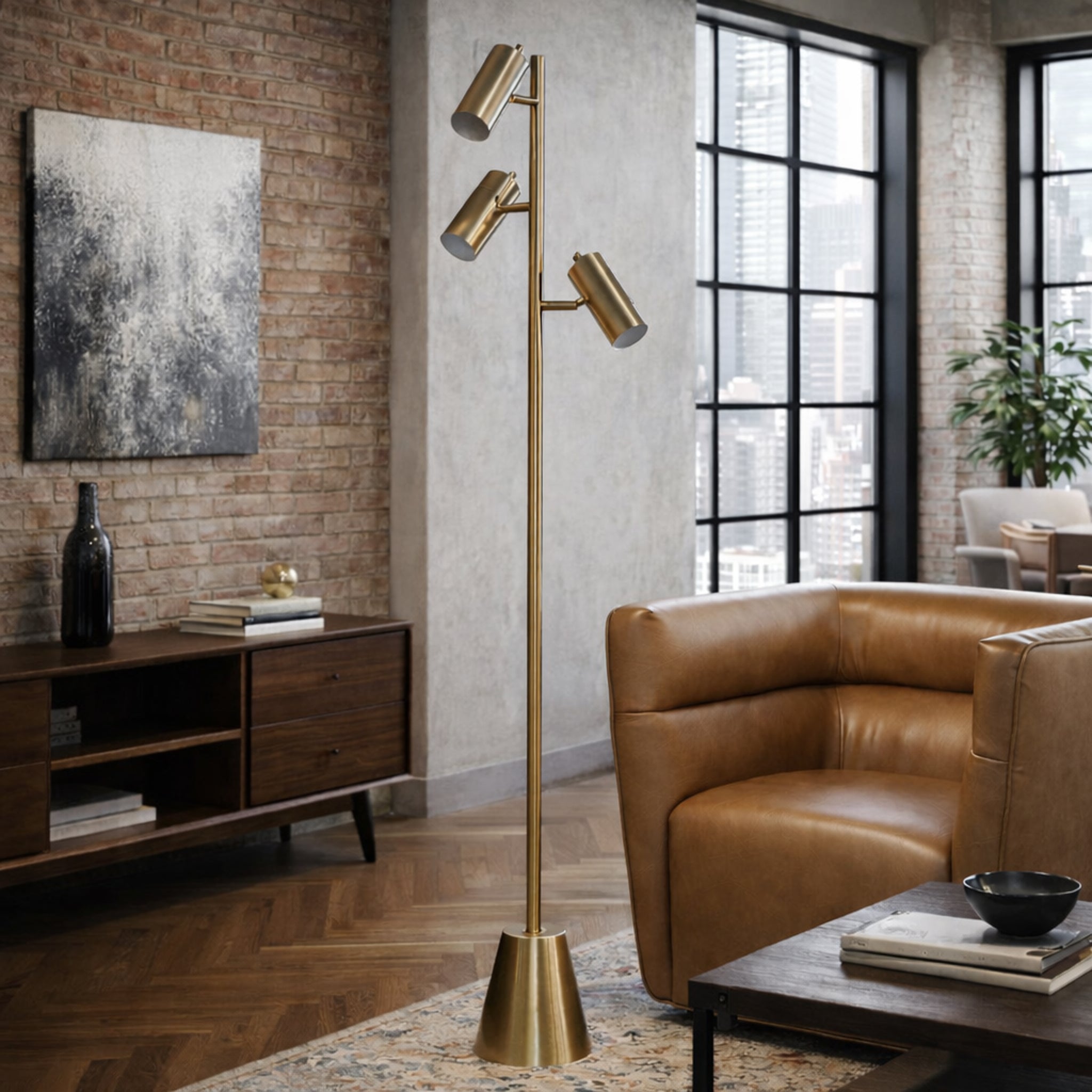 Lumina Brassed Gold Floor Lamp with Triple Spots and Metal Cone Base | MidinMod