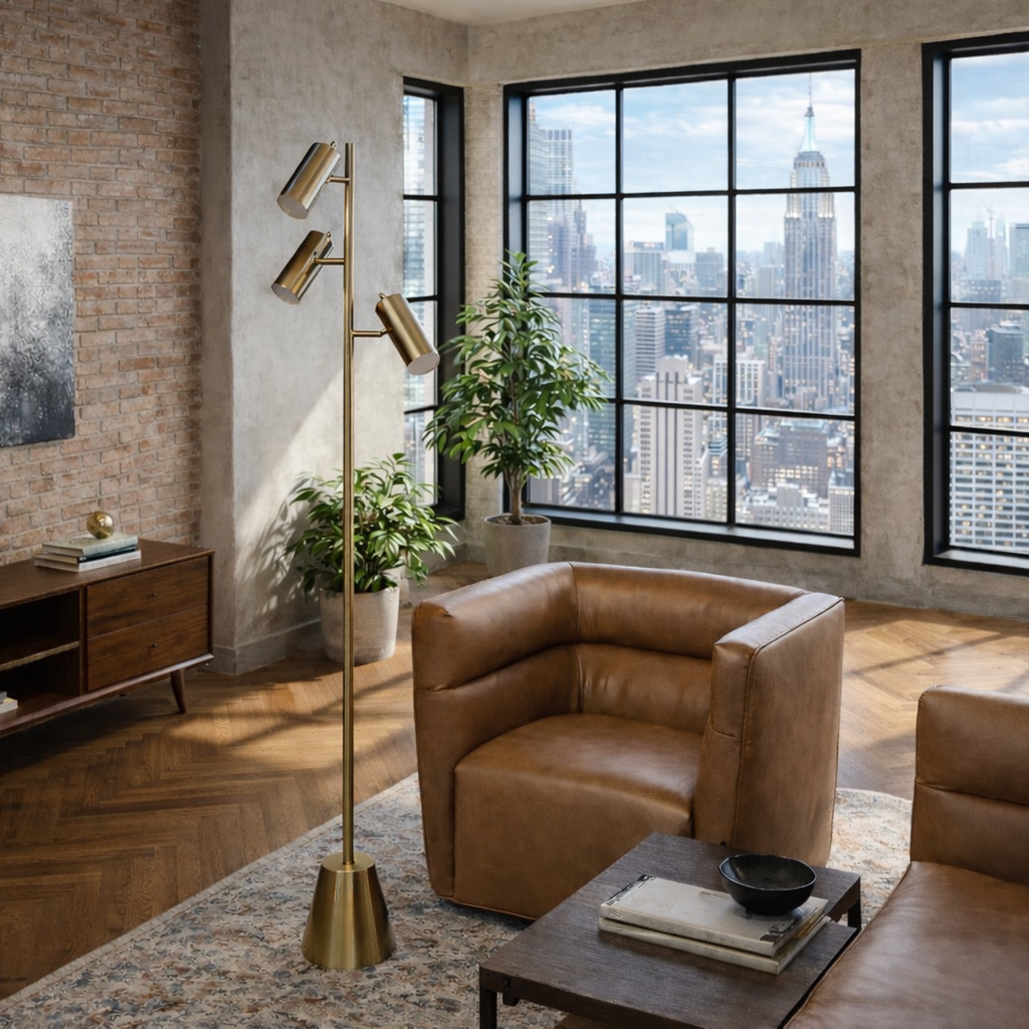 Lumina Brassed Gold Floor Lamp with Triple Spots and Metal Cone Base | MidinMod