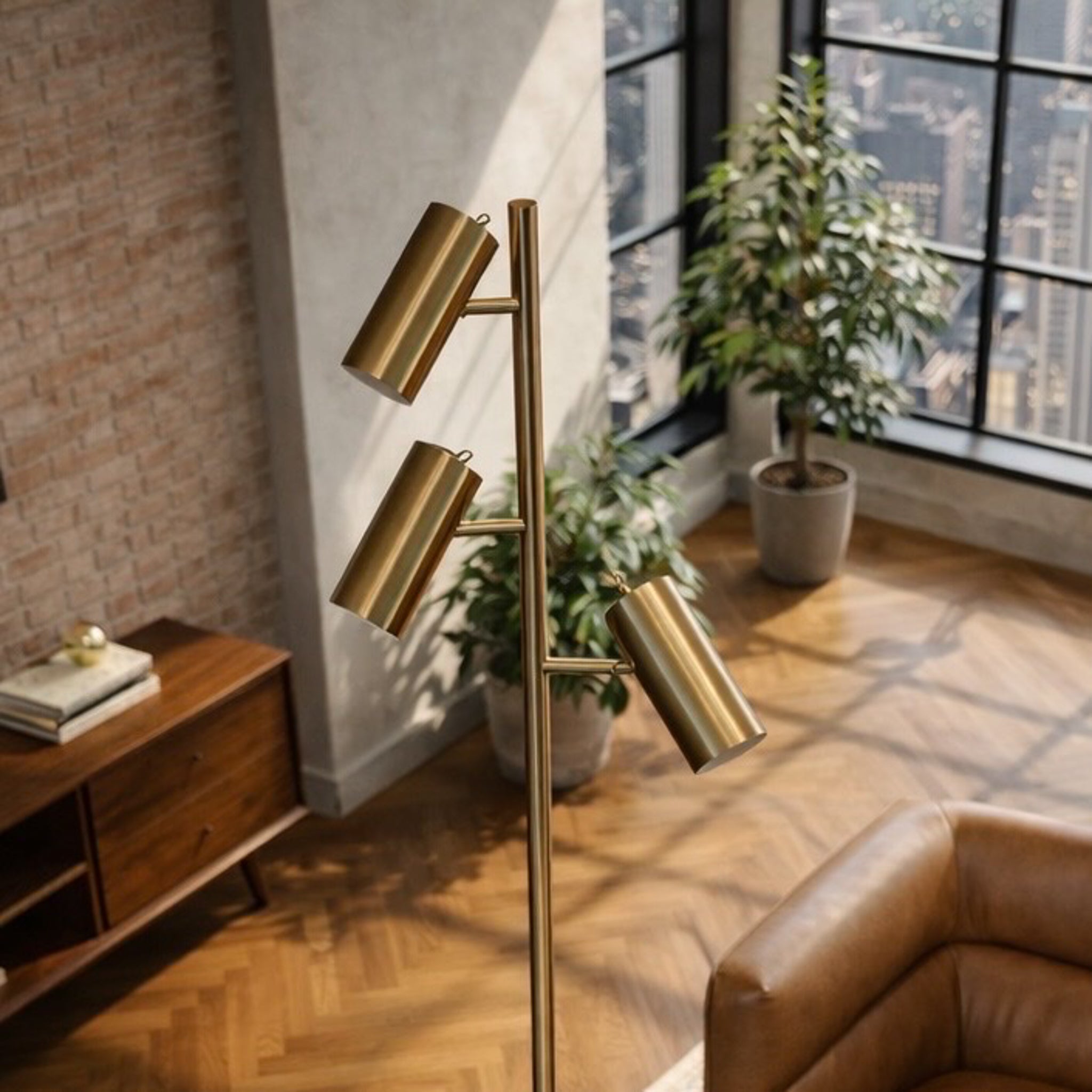 Lumina Brassed Gold Floor Lamp with Triple Spots and Metal Cone Base | MidinMod