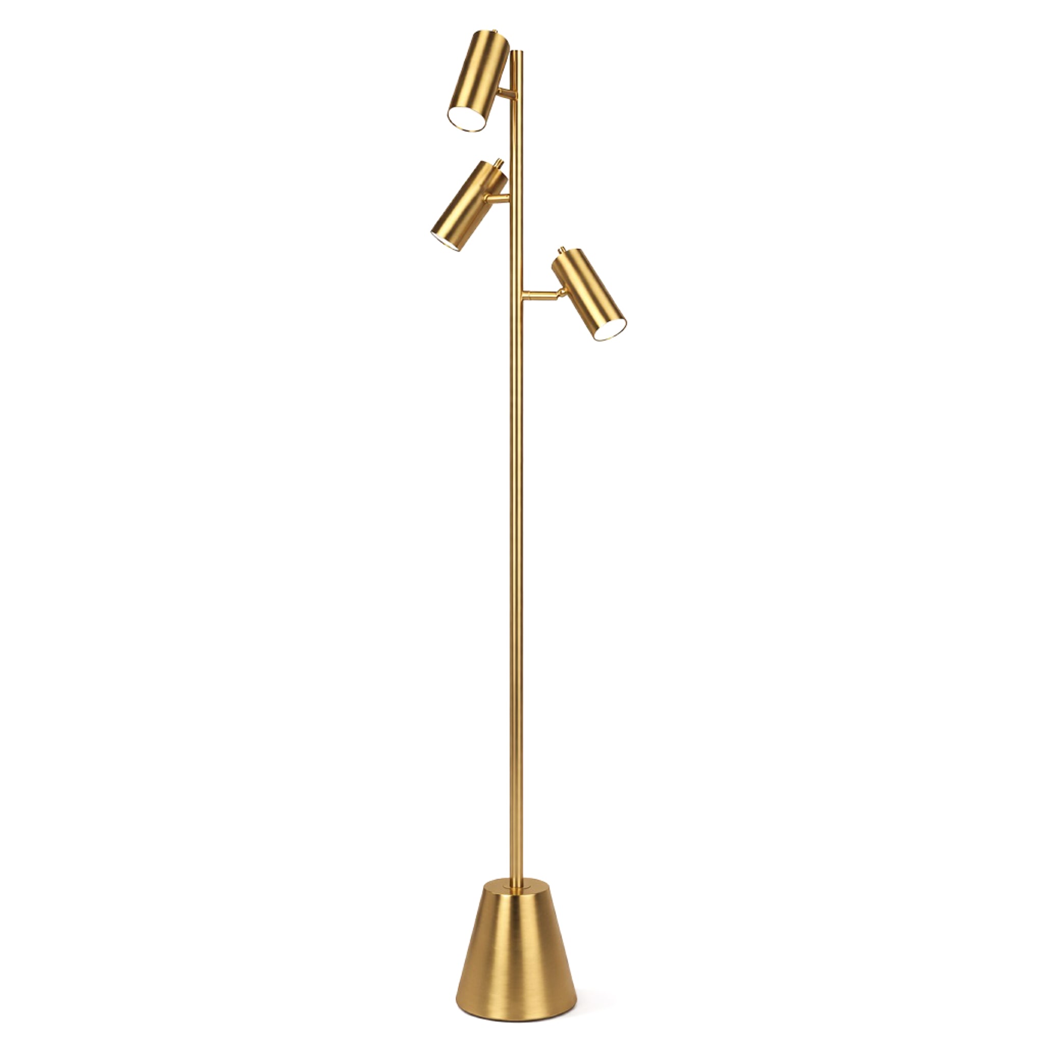 Lumina Brassed Gold Floor Lamp with Triple Spots and Metal Cone Base | MidinMod