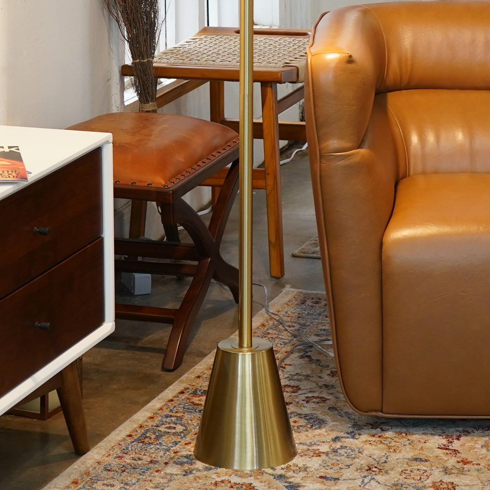 Lumina Brassed Gold Floor Lamp with Rotary Switch Triple Spots Metal Cone Base