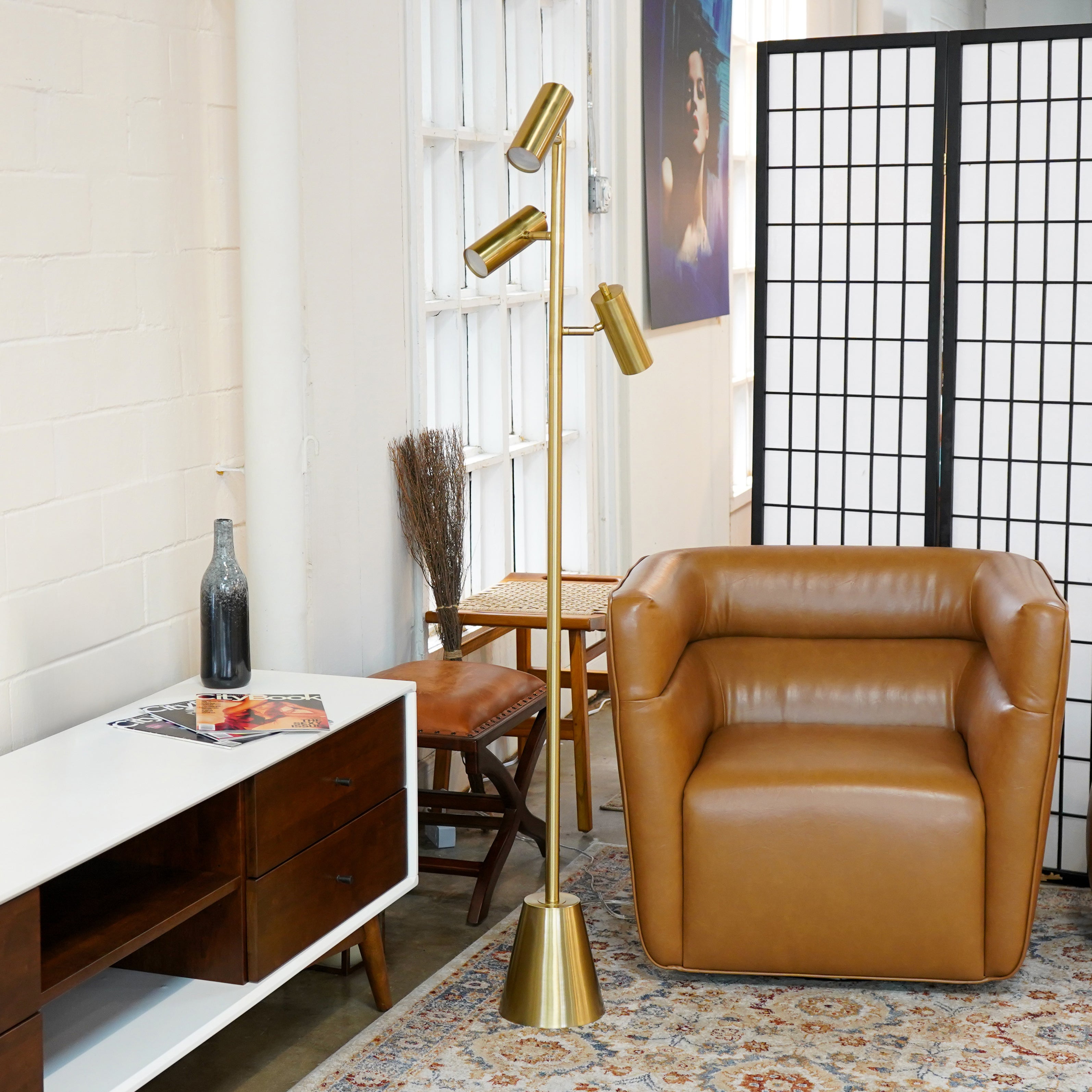 Lumina Brassed Gold Floor Lamp with Rotary Switch Triple Spots Metal Cone Base