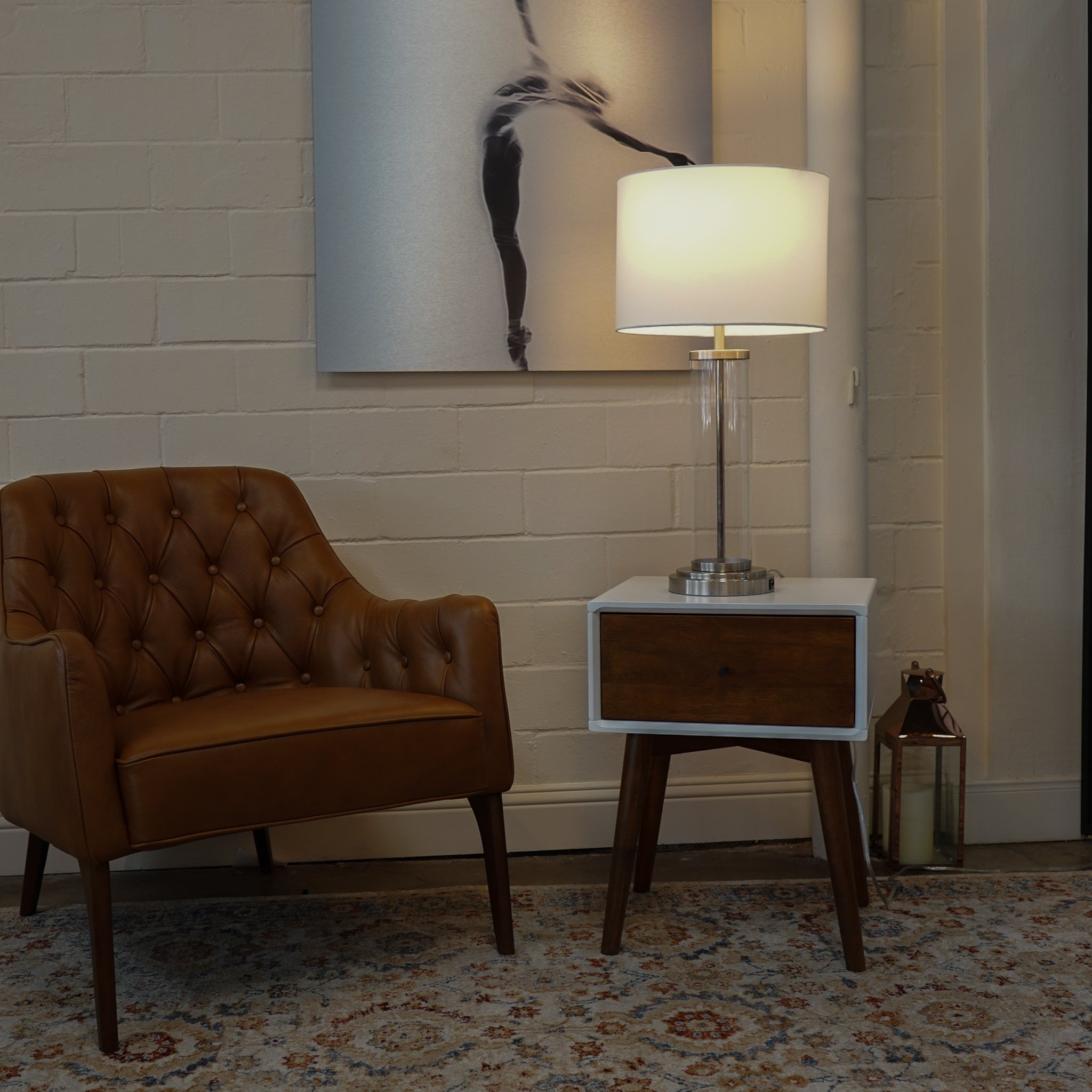 Luna Brushed Nickel Table Lamp with On/Off Switch Clear Glass Body Metal Base