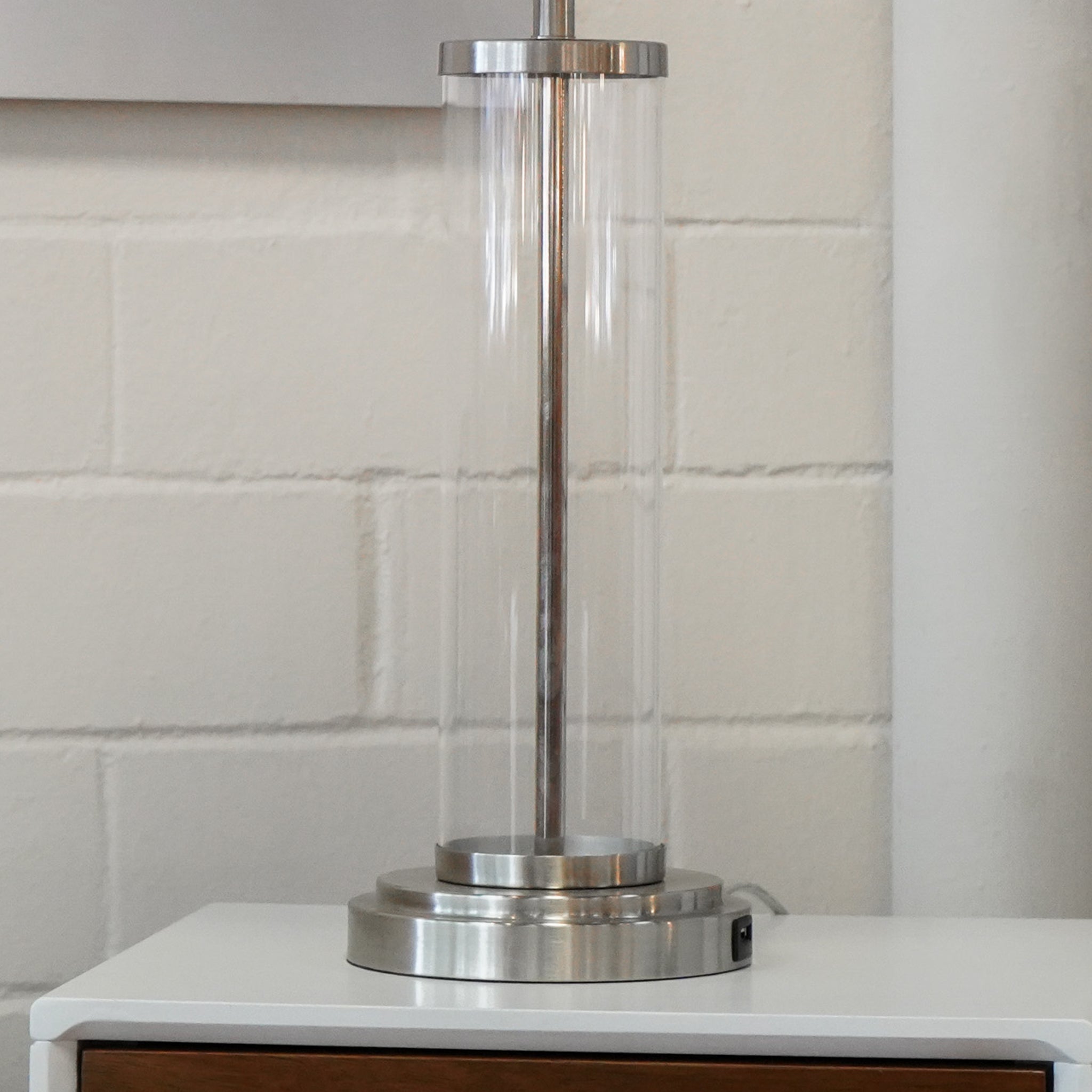 Luna Brushed Nickel Table Lamp with On/Off Switch Clear Glass Body Metal Base
