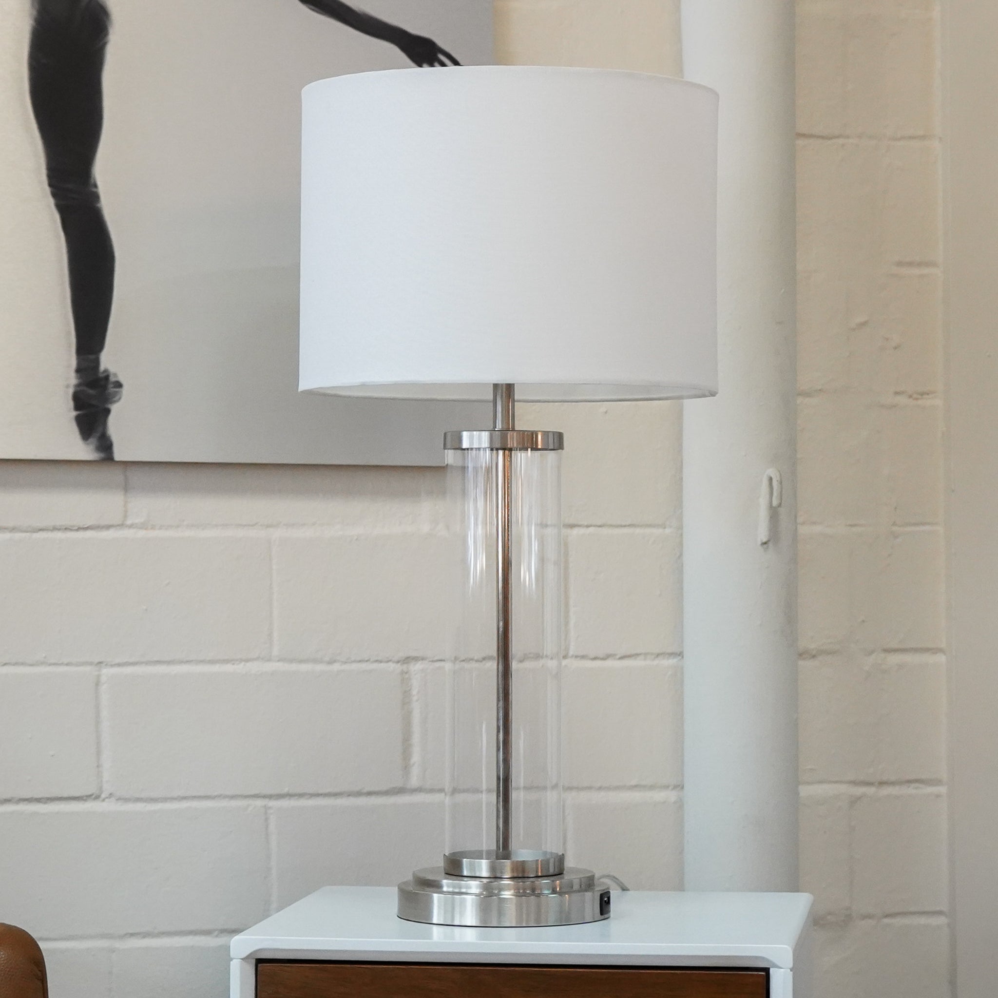 Luna Brushed Nickel Table Lamp with On/Off Switch Clear Glass Body Metal Base