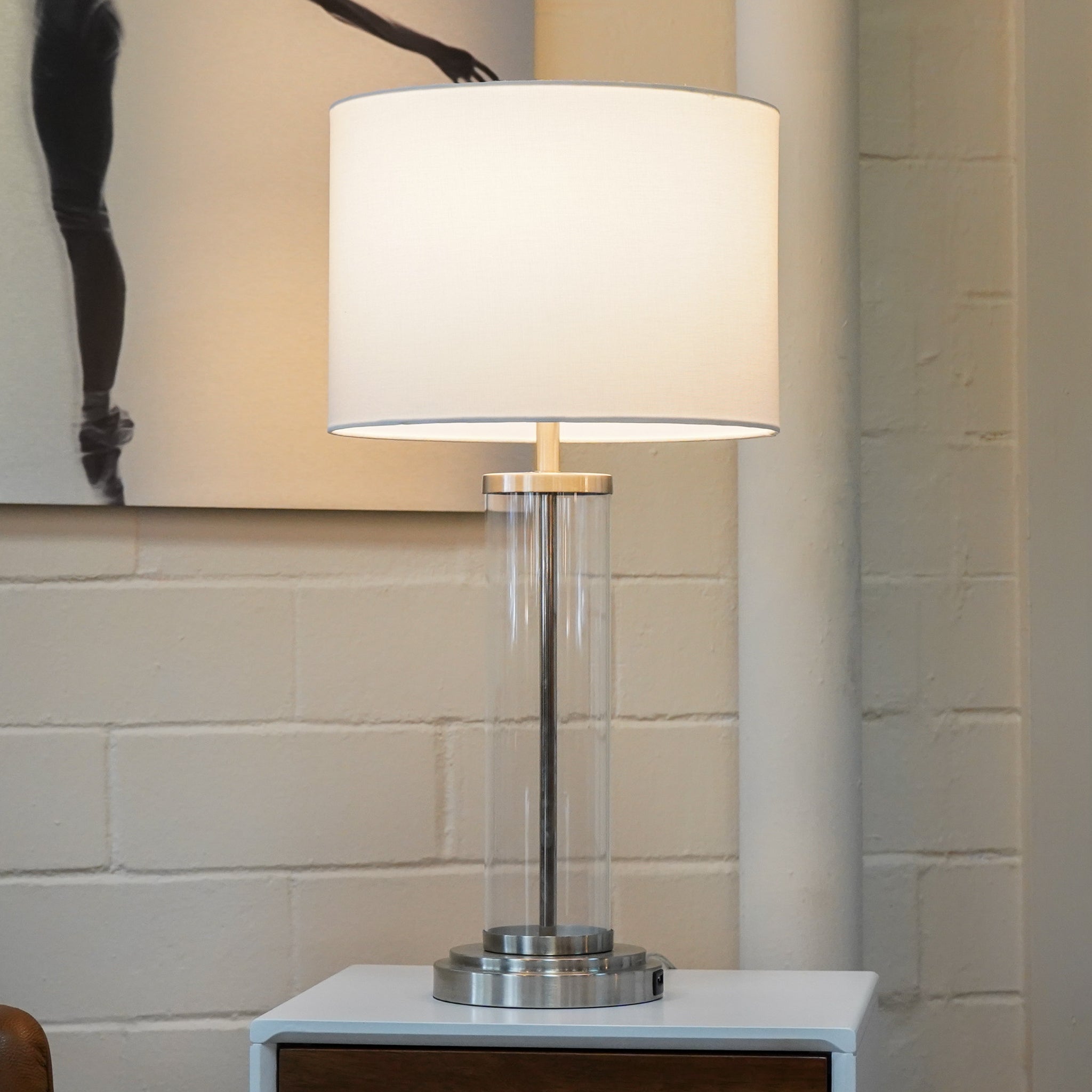 Luna Brushed Nickel Table Lamp with On/Off Switch Clear Glass Body Metal Base