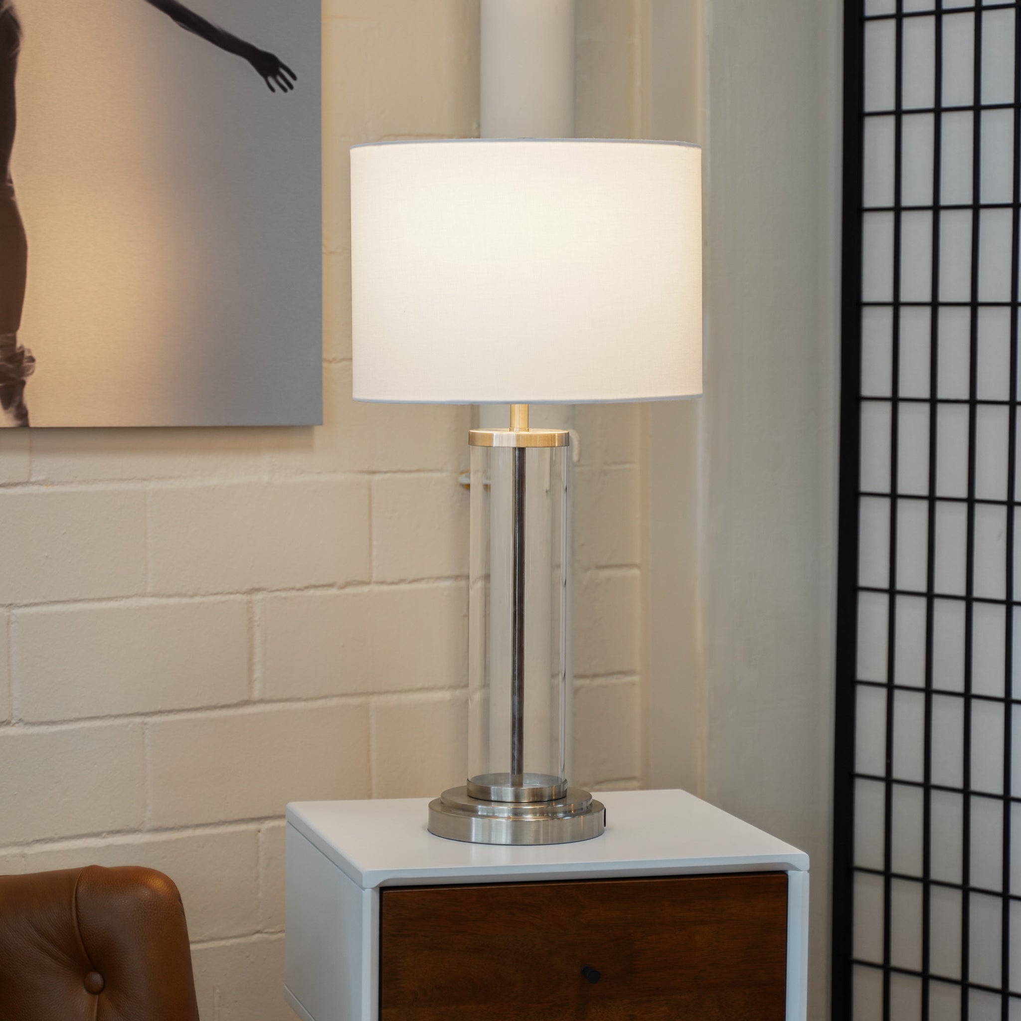 Luna Brushed Nickel Table Lamp with On/Off Switch Clear Glass Body Metal Base